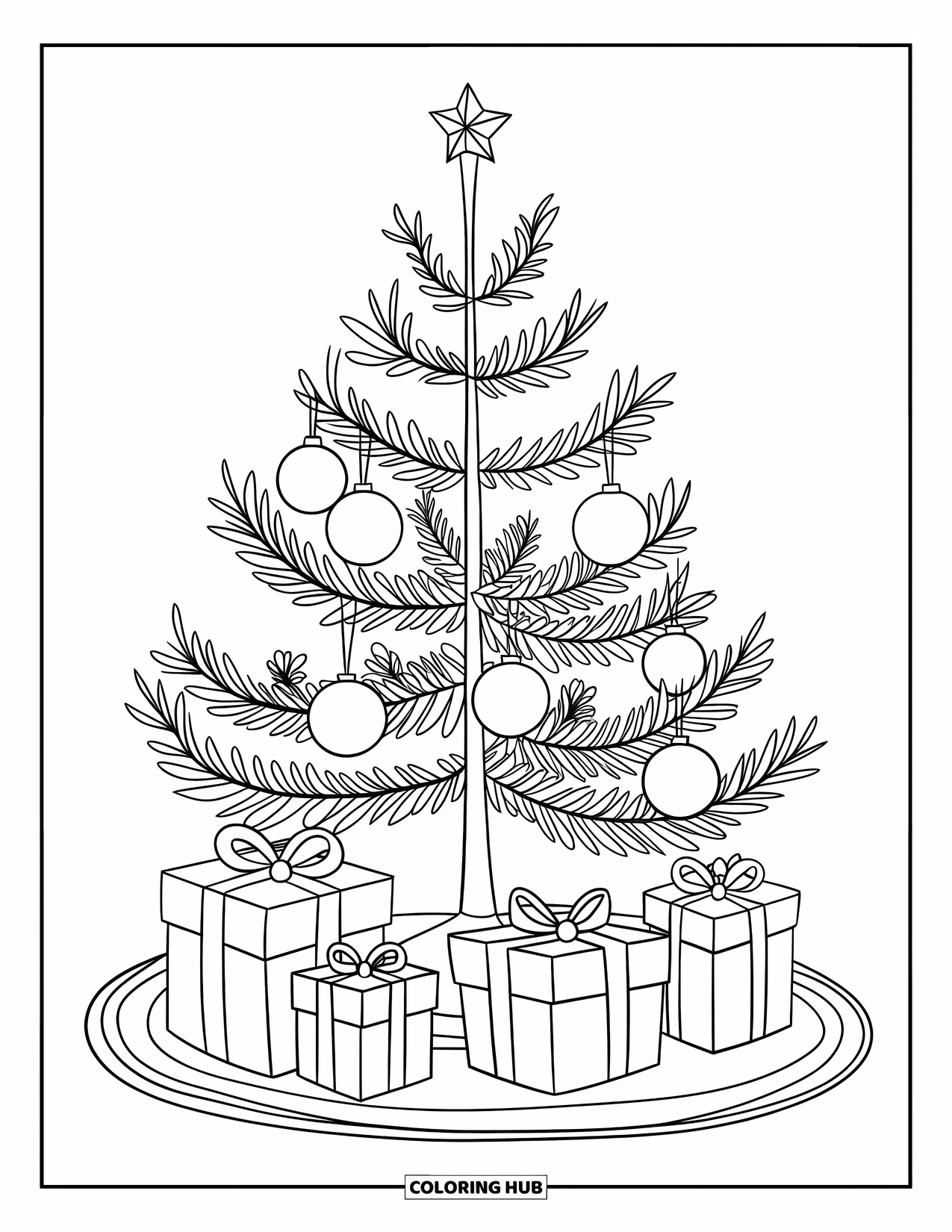 Christmas Presents Coloring Page for Kids: Four presents sit under a glowing Christmas tree with a shiny star