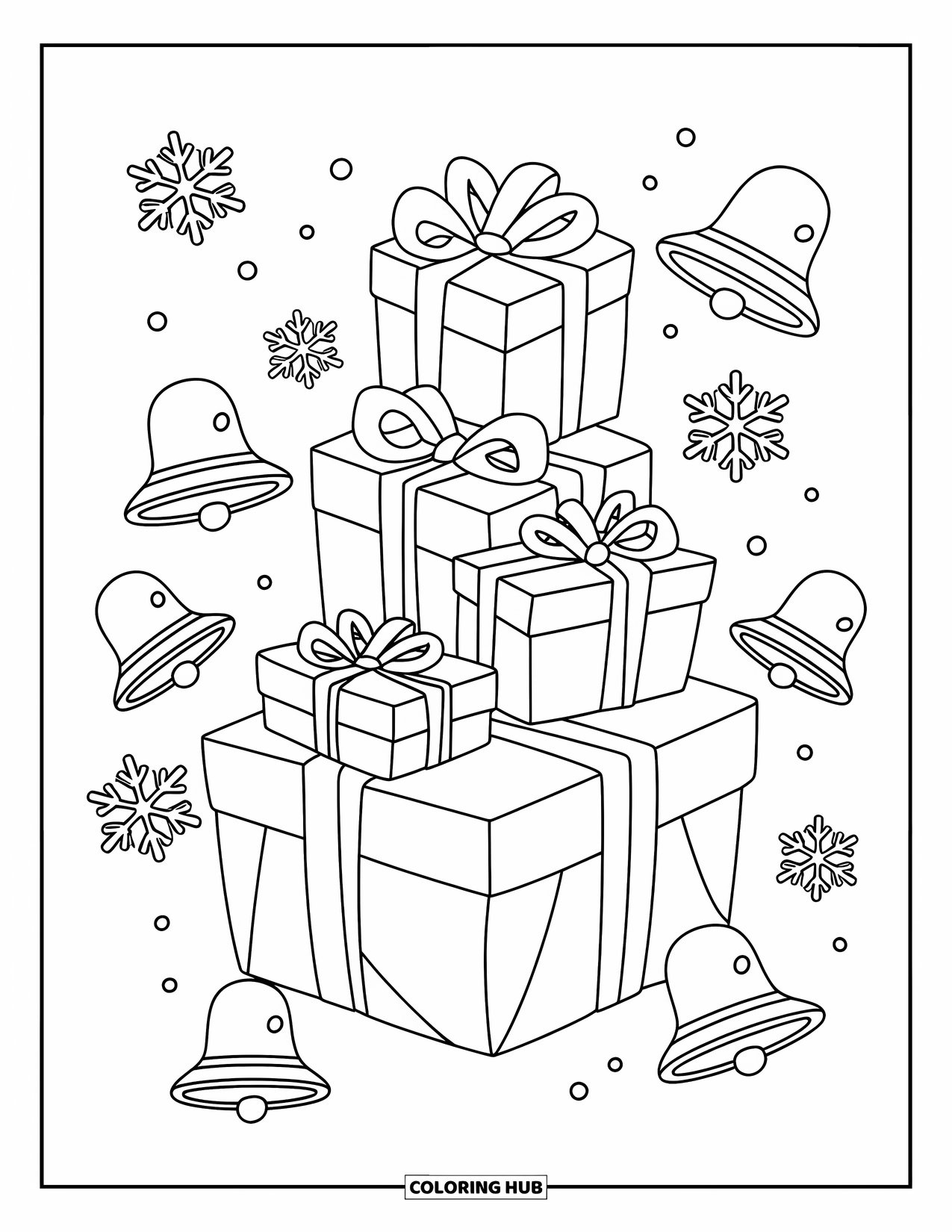 Christmas Presents Coloring Page for Kids: Presents surrounded by floating snowflakes and jingling bells in a festive scene