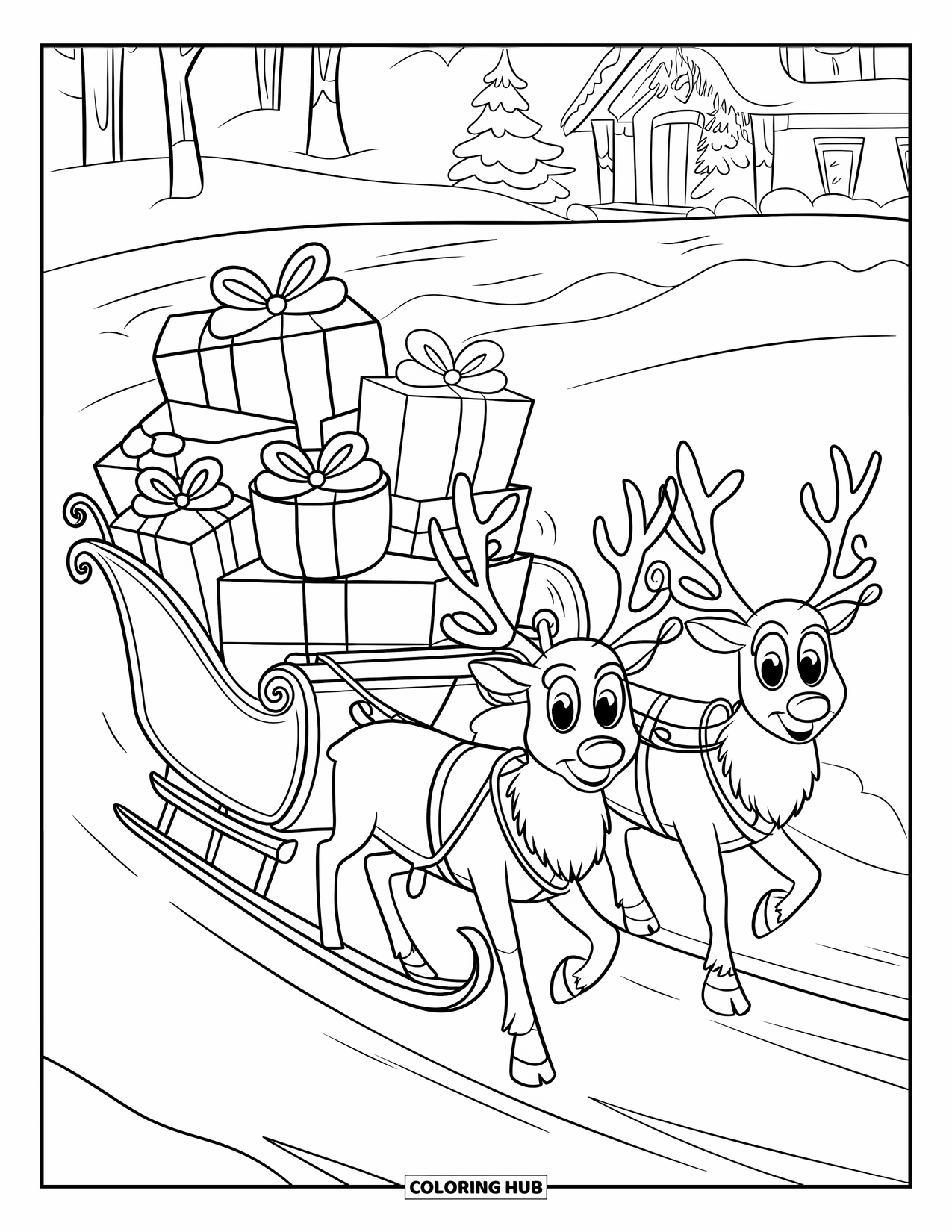 Christmas Presents Coloring Page for Kids: Reindeer pull a gift-filled sleigh across a snowy landscape of trees and lights
