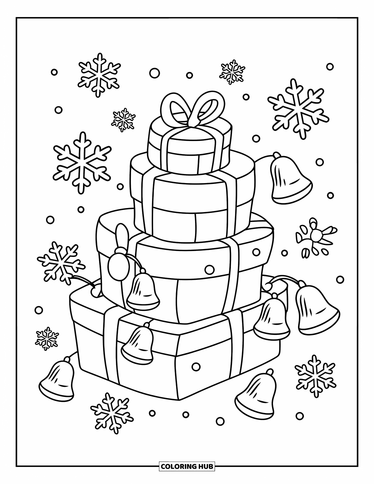 Christmas Presents Coloring Page for Kids: Round presents with ribbons surrounded by falling snowflakes and tiny bells