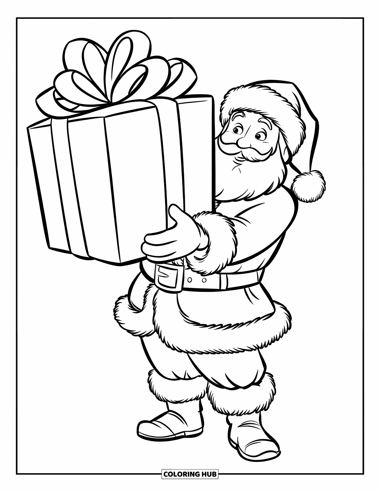Christmas Presents Coloring Page for Kids: Santa holds a shiny wrapped gift with a jolly grin and sparkling bow