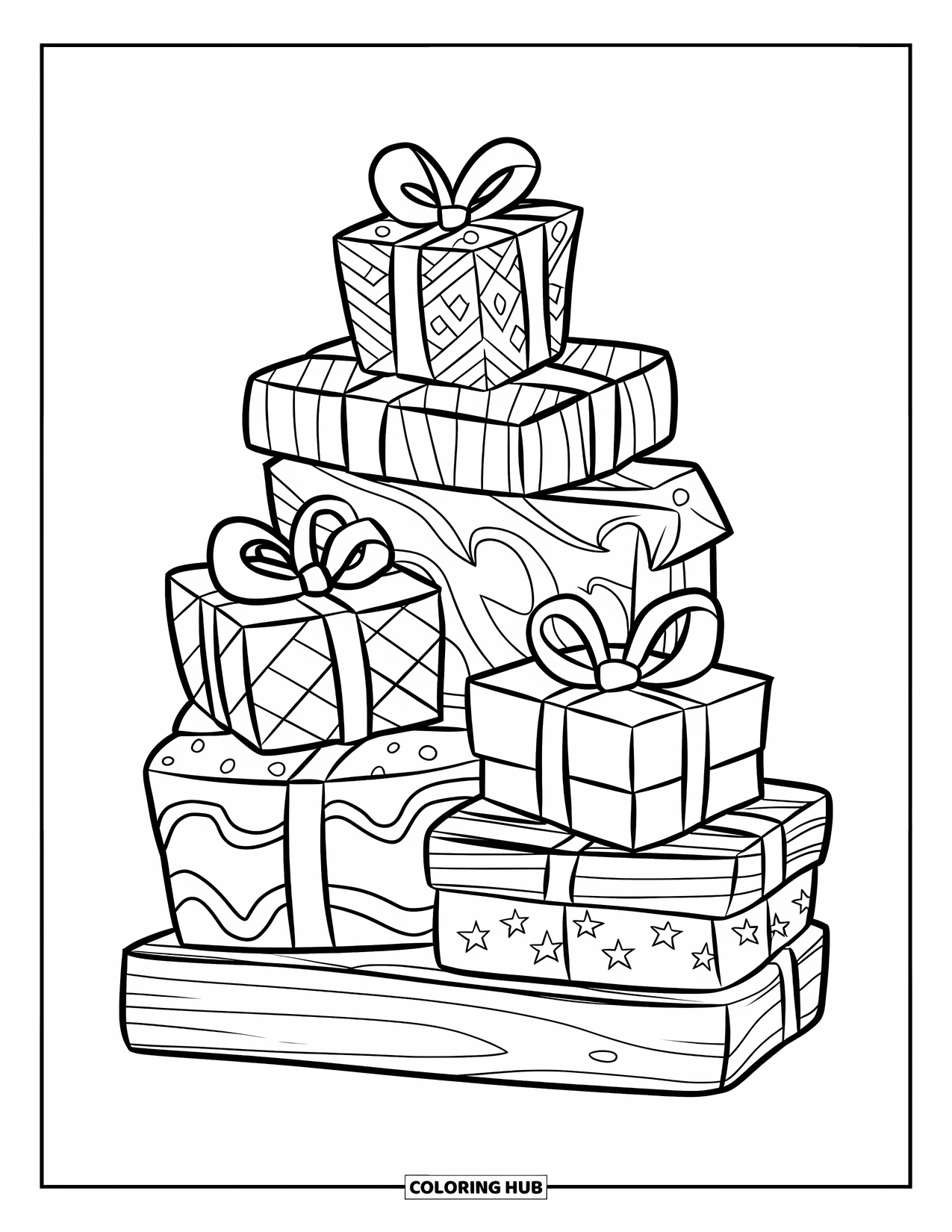 Christmas Presents Coloring Page for Kids: Stacked patterned presents tied with ribbons on a wooden base