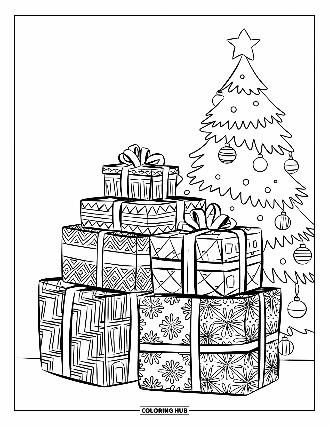 Christmas Presents Coloring Page for Kids: Stacks of patterned gifts sitting under a white Christmas tree with a star