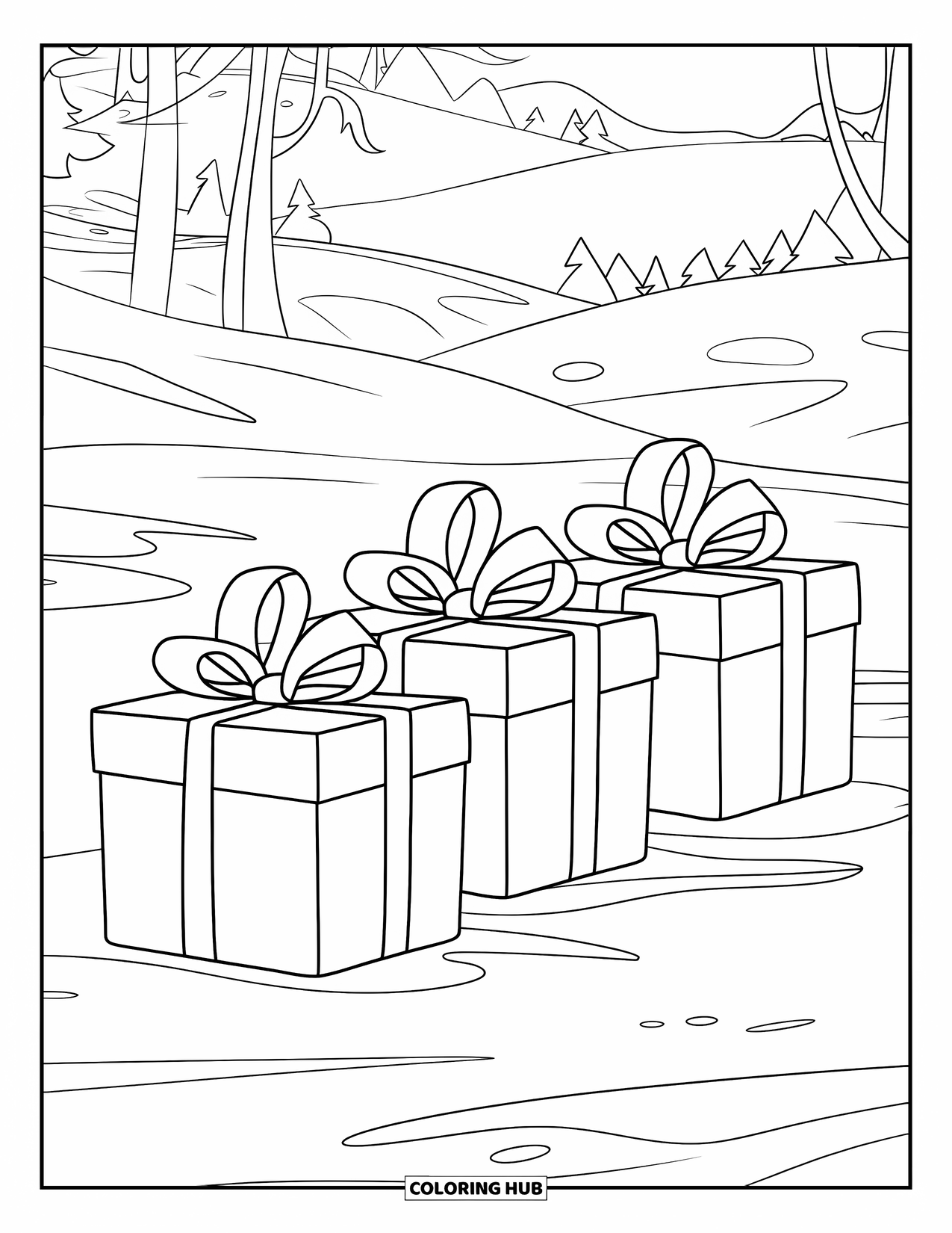 Christmas Presents Coloring Page for Kids: Three bright presents with ribbons sitting in a peaceful snowy scene