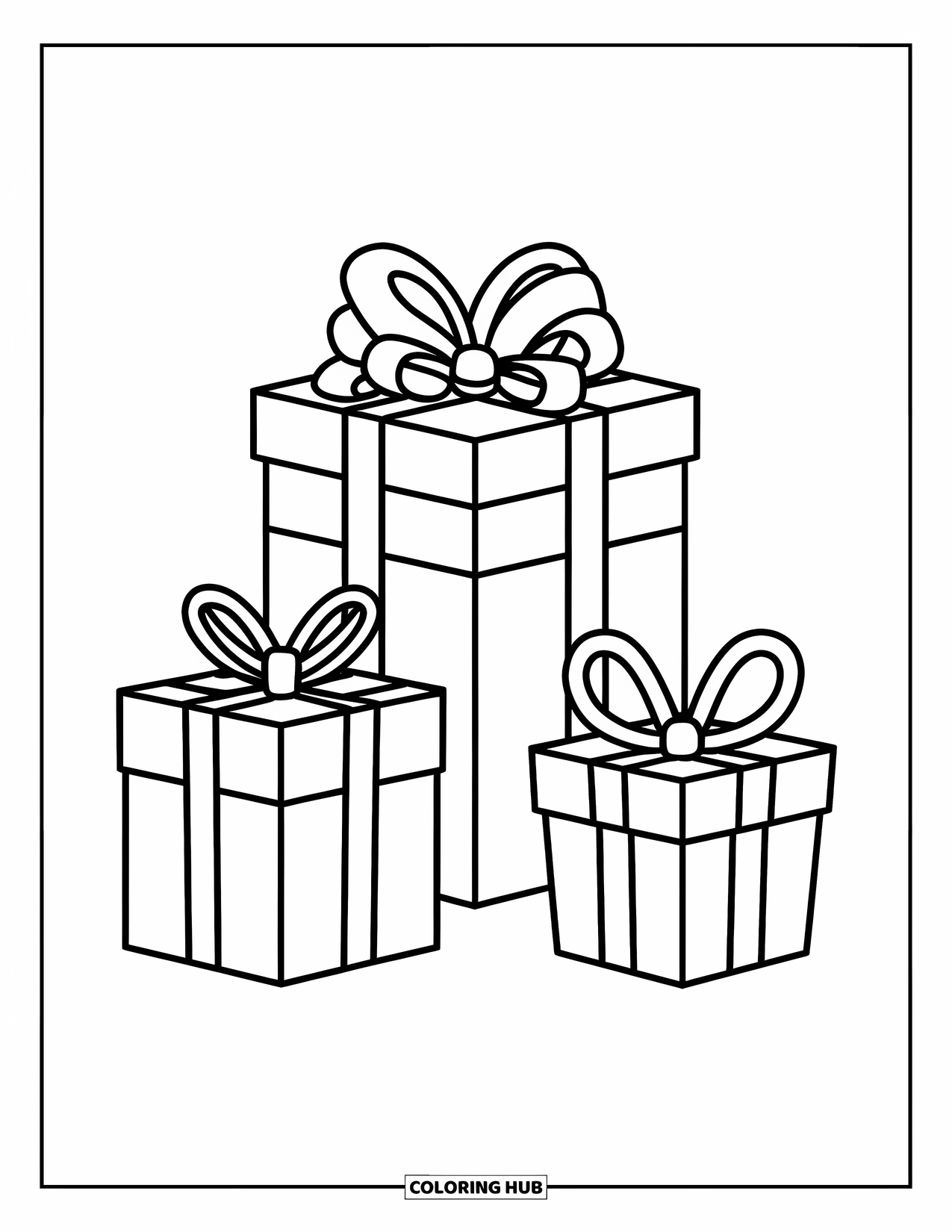 Christmas Presents Coloring Page for Kids: Three cheerful presents with ribbons in different fun shapes