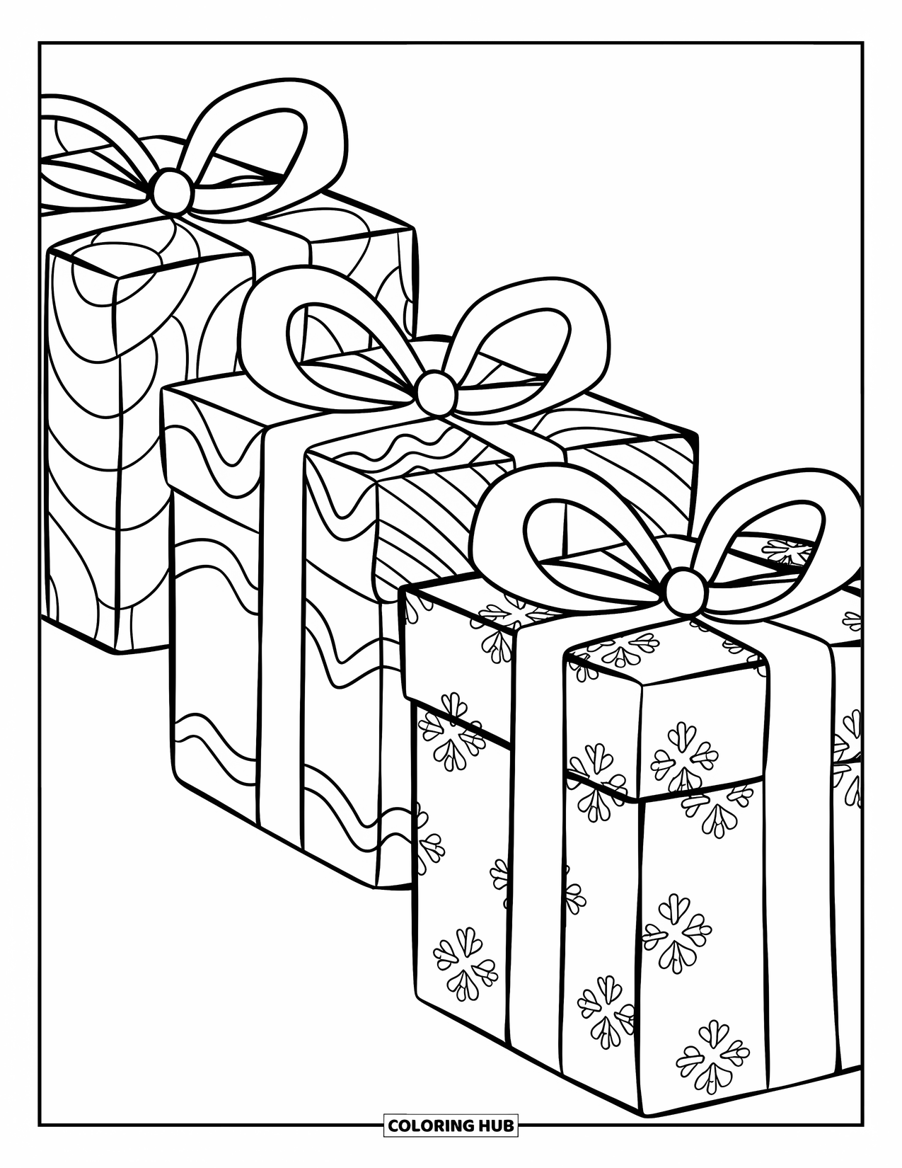 Christmas Presents Coloring Page for Kids: Three festive presents with ribbons and bows on a simple white background