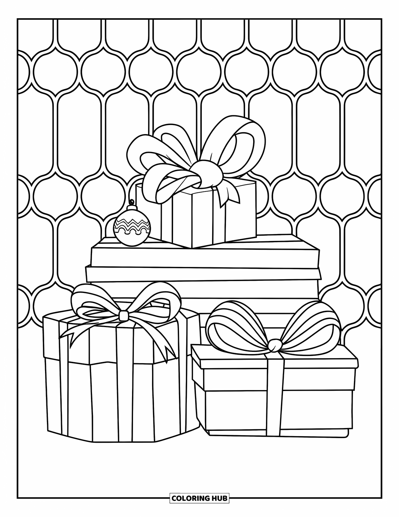Christmas Presents Coloring Page for Kids: Three stacked presents with ribbons and a small ornament on top