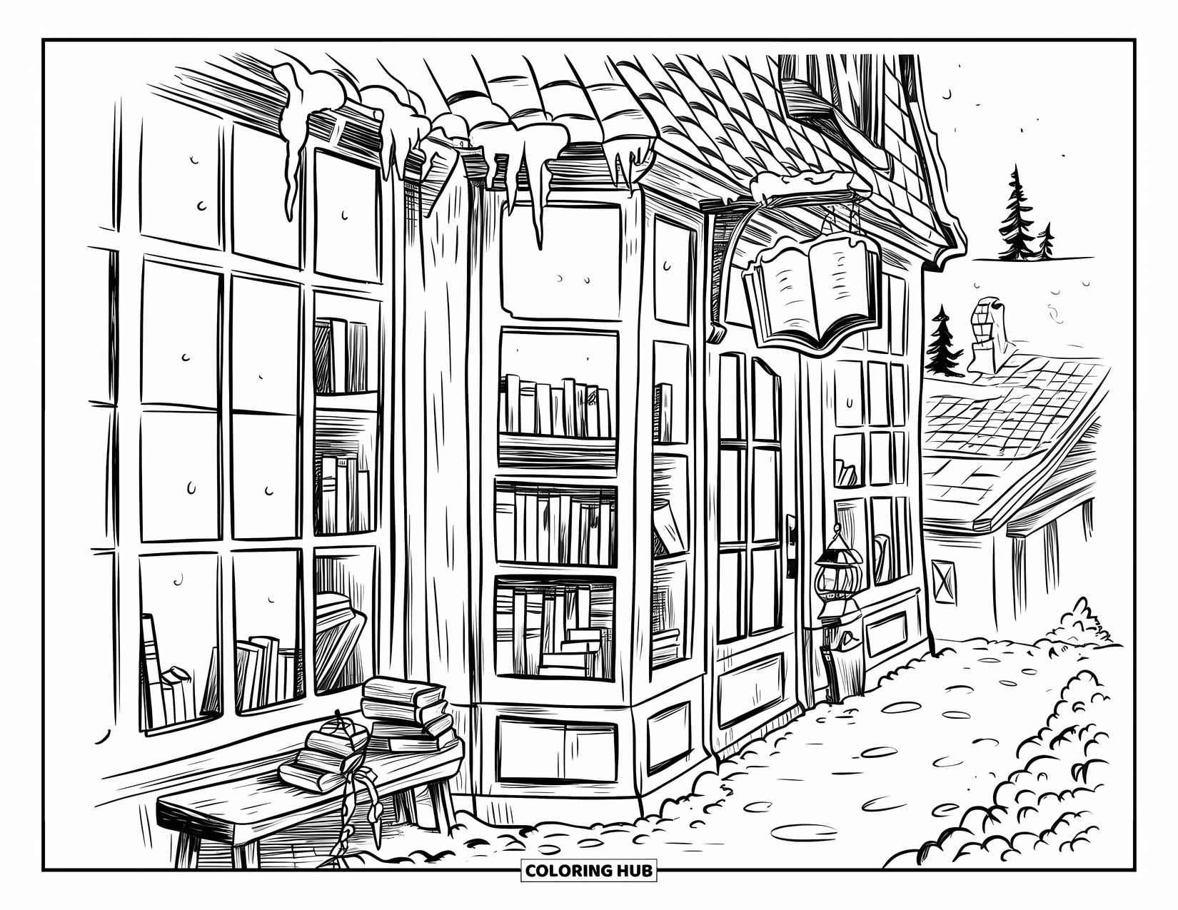 Christmas Village Coloring Page for Adults: A charming snowy bookstore with glowing lanterns and stacked books outside
