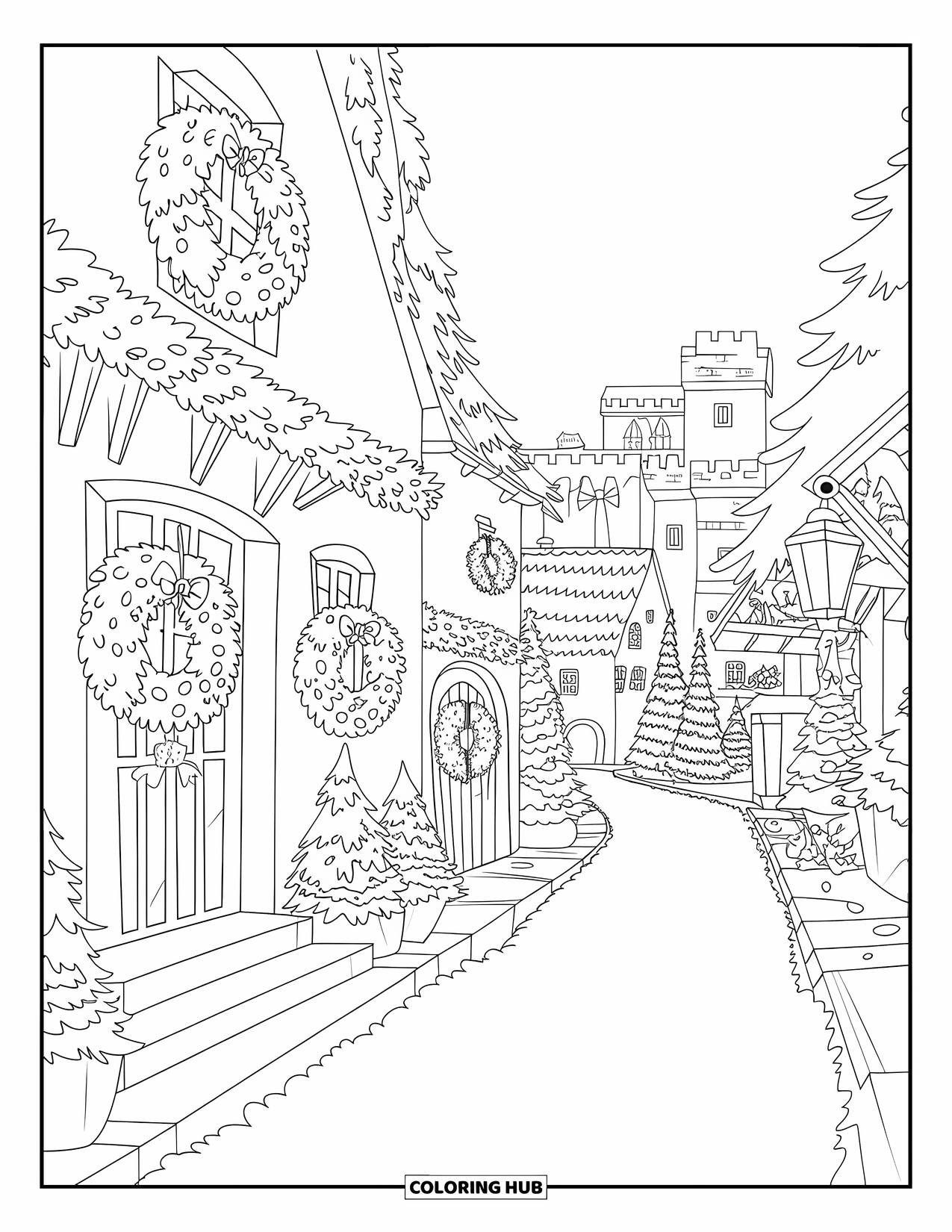 Christmas Village Coloring Page for Adults: A charming street glows with ivy-wrapped doors and lanterns