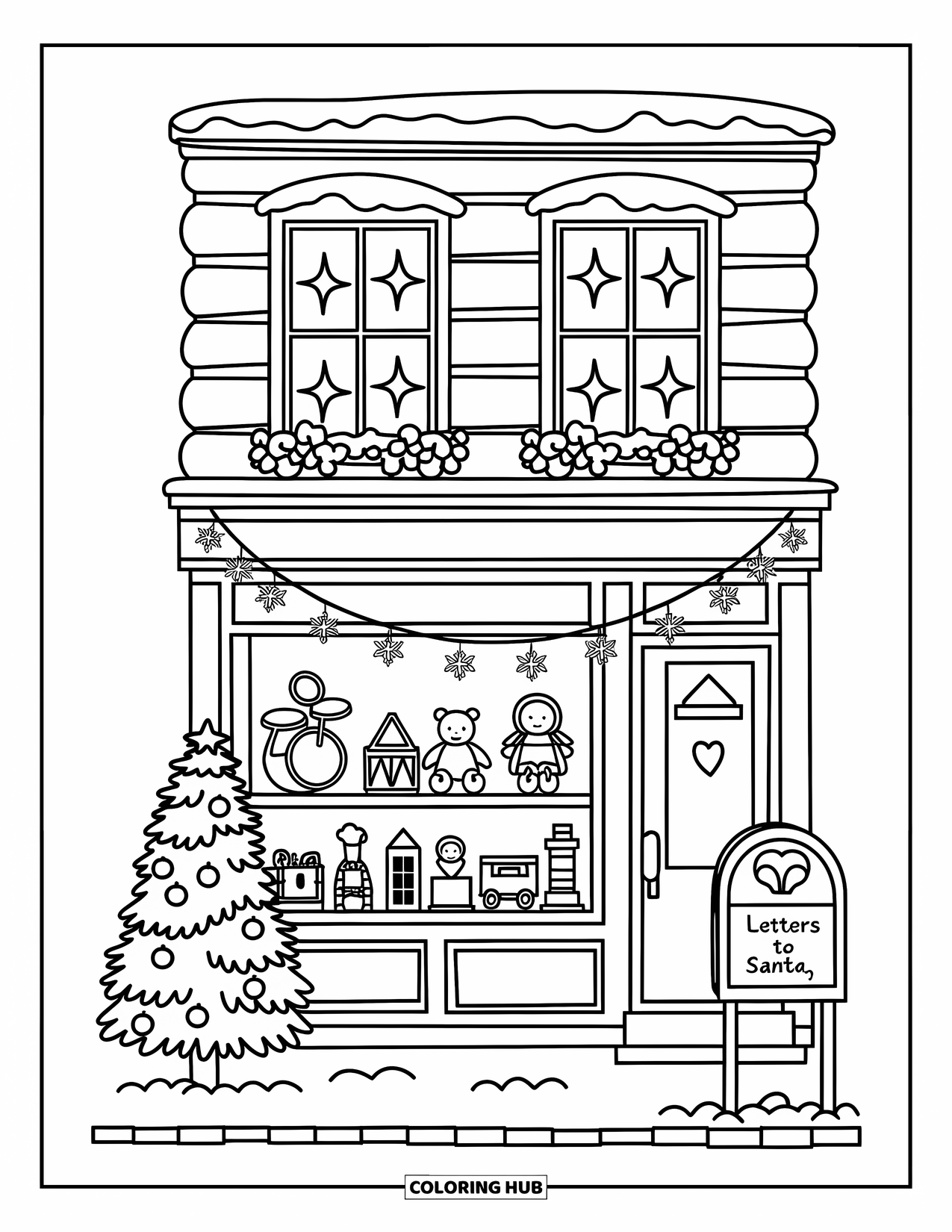 Christmas Village Coloring Page for Adults: A cheerful toy shop sparkles with stars, toys, and a ìLetters to Santaî box