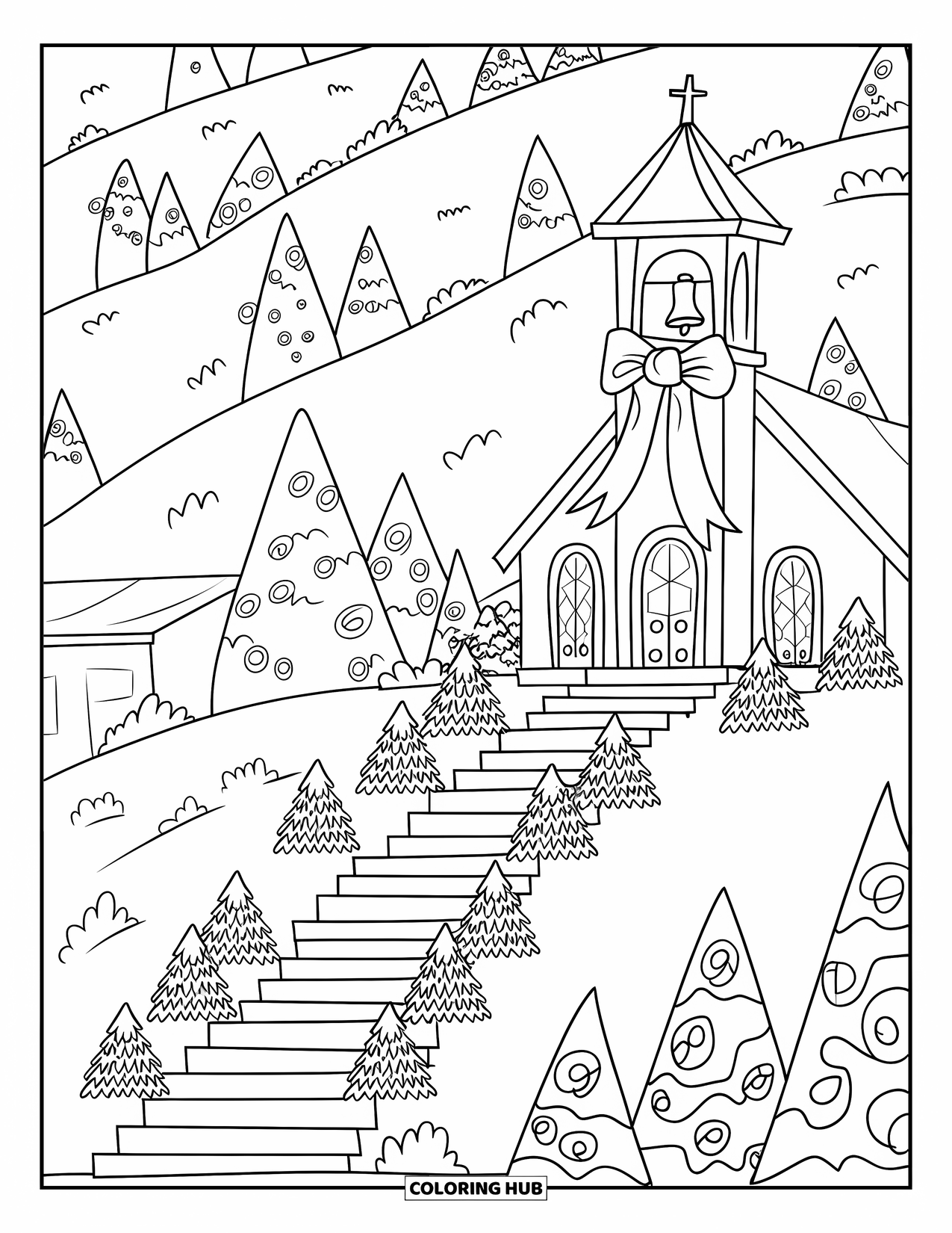 Christmas Village Coloring Page for Adults: A cozy church with glowing windows warms a snowy hillside