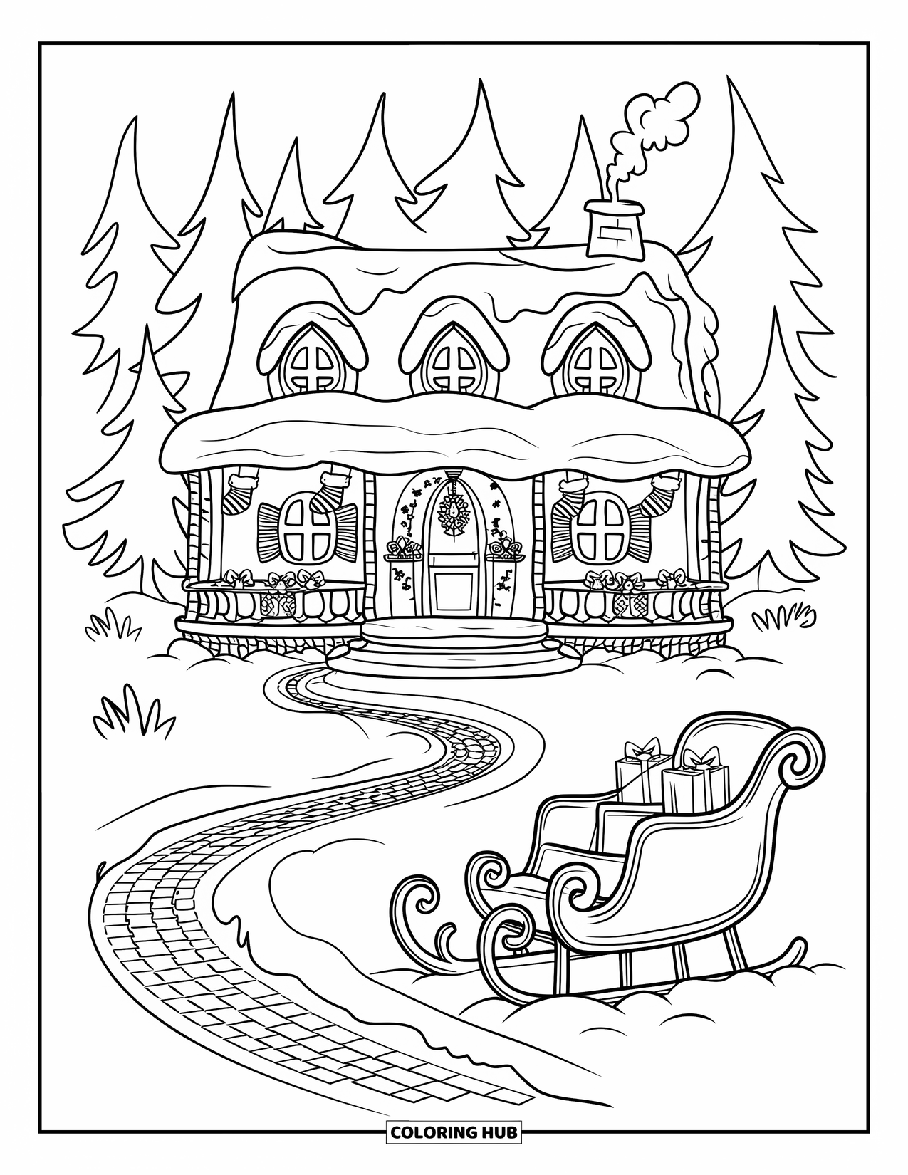 Christmas Village Coloring Page for Adults: A cozy forest cottage with candy-striped pillars welcomes visitors