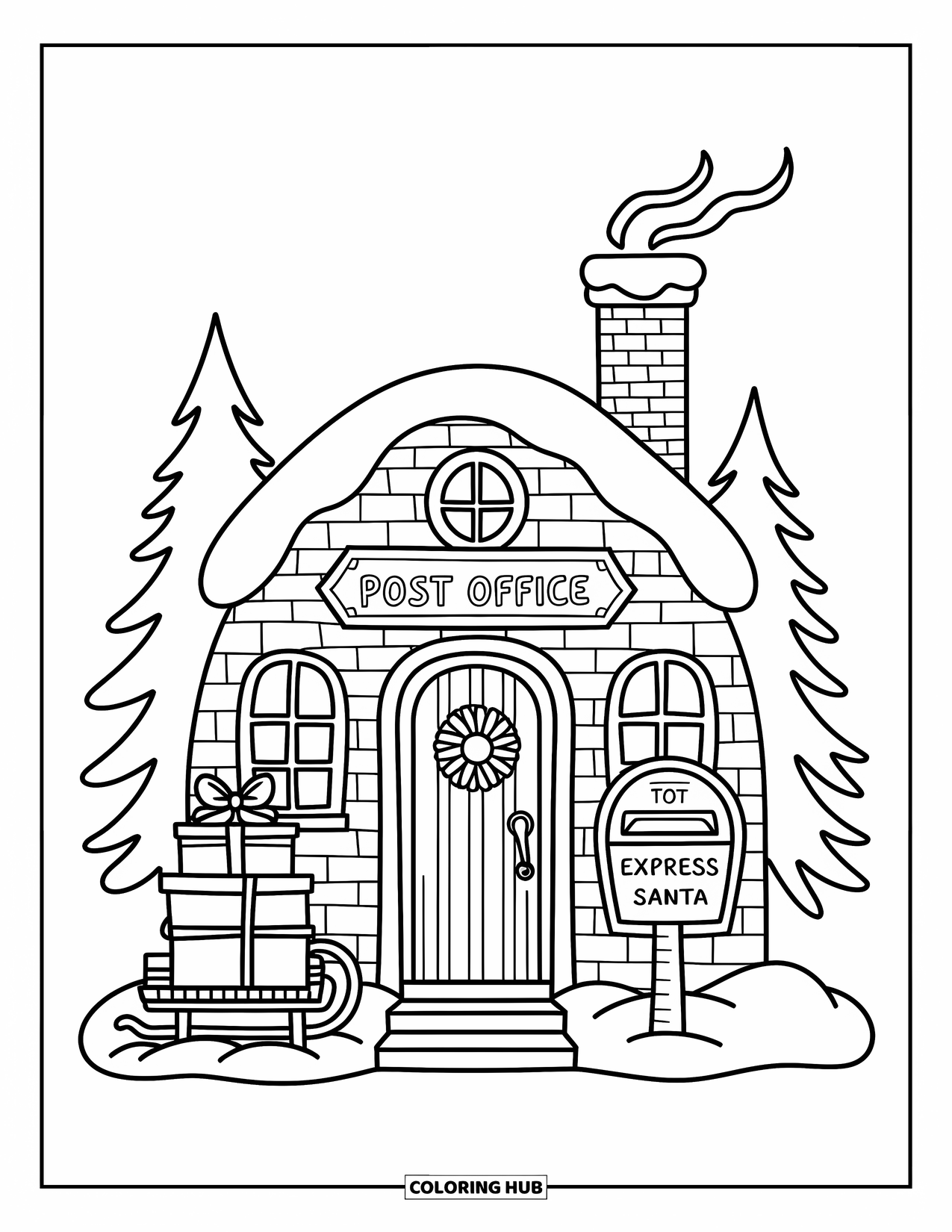 Christmas Village Coloring Page for Adults: A cozy post office with ribbons, parcels, and snow welcomes holiday cheer