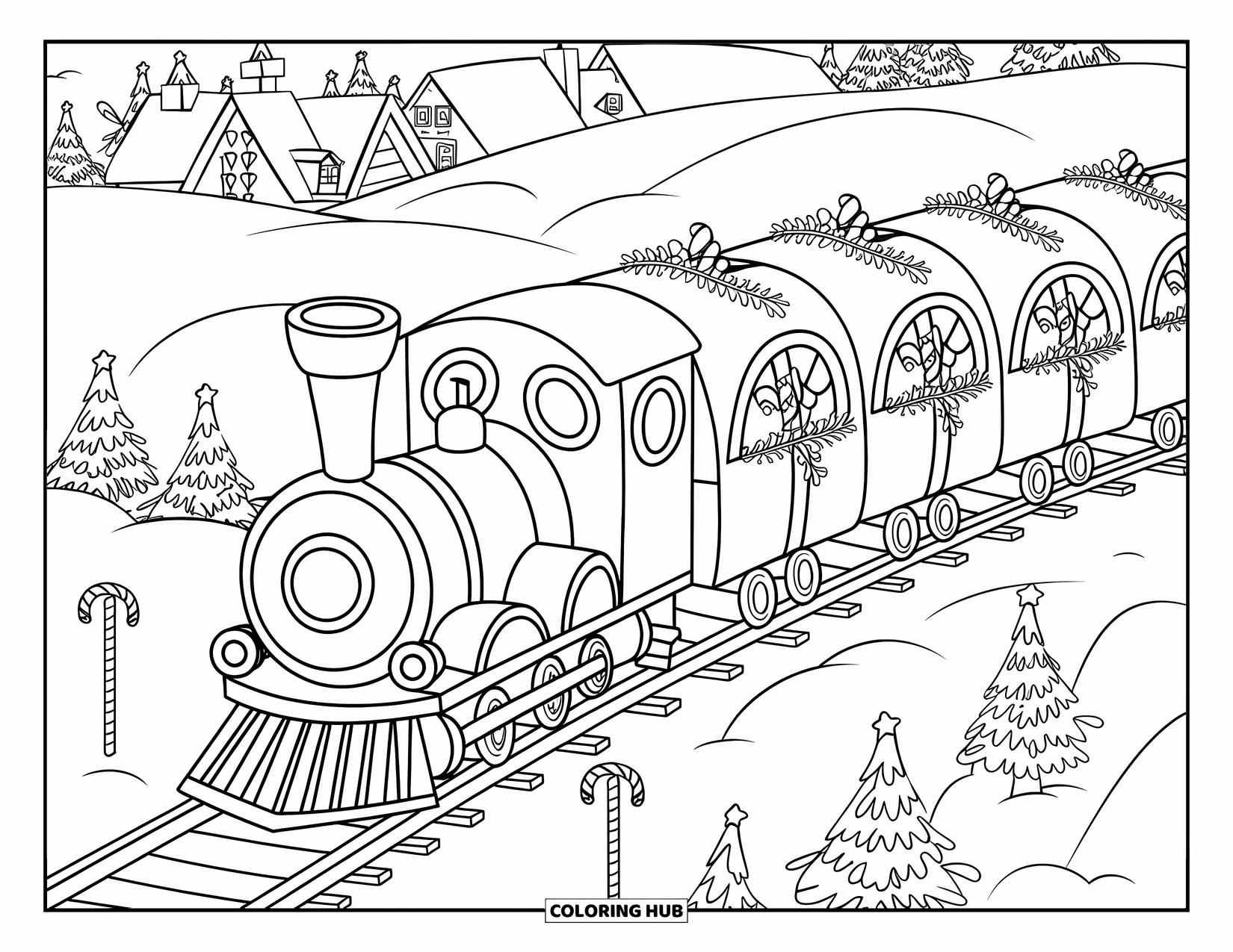 Christmas Village Coloring Page for Adults: A cozy train chugs along snow-covered tracks past a small village