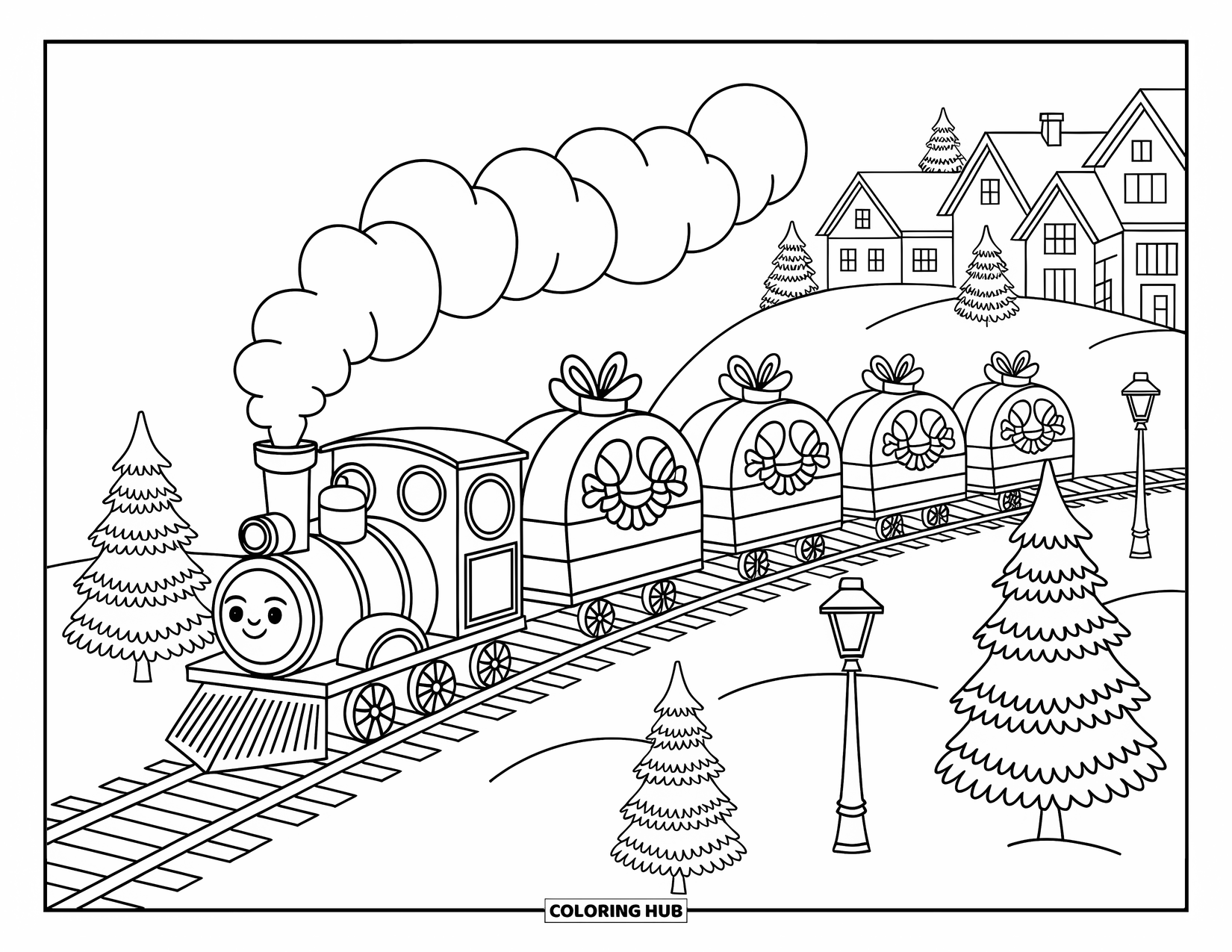 Christmas Village Coloring Page for Adults: A cute gift-shaped train rides through a snowy village countryside
