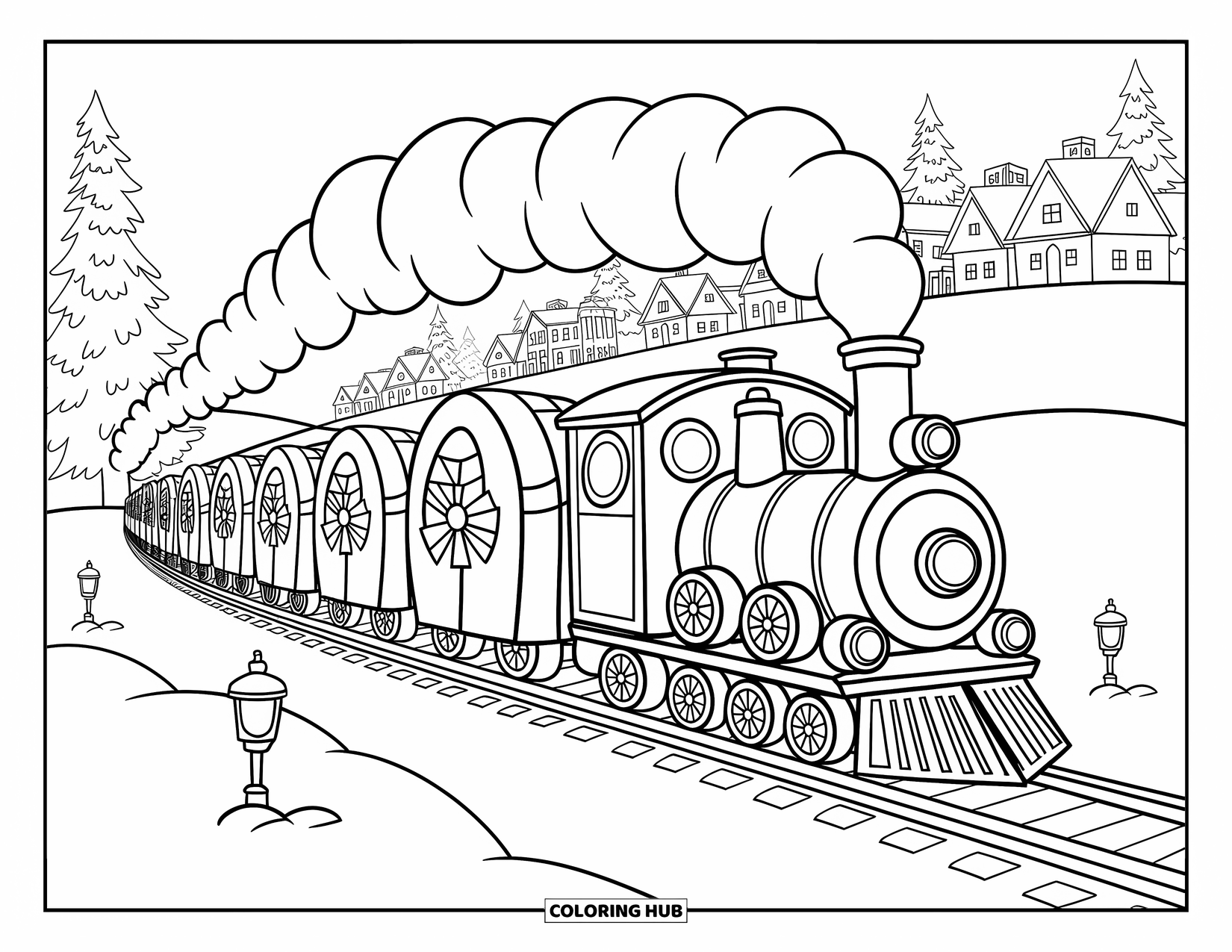 Christmas Village Coloring Page for Adults: A festive holiday train glides past snowy trees and lamp posts