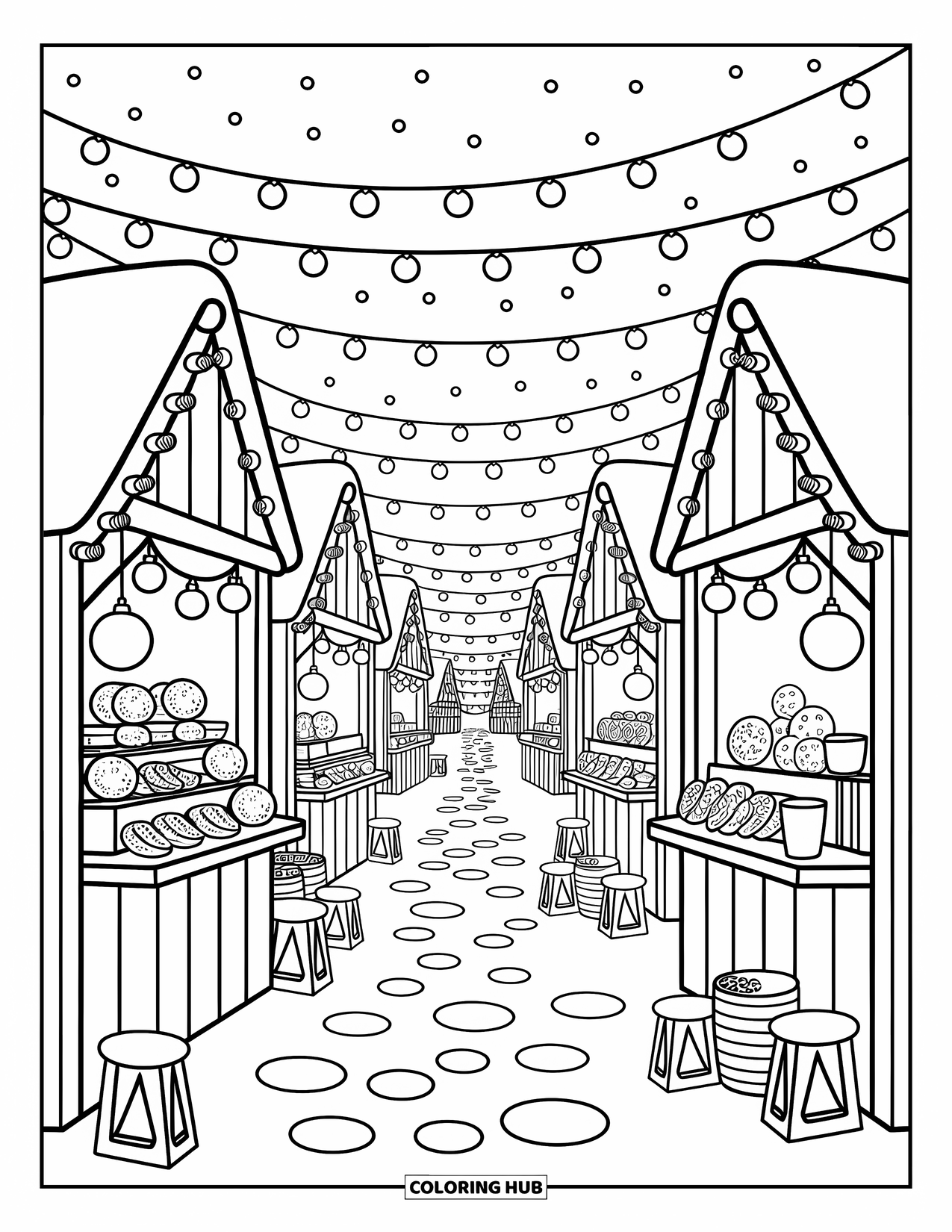 Christmas Village Coloring Page for Adults: A festive winter market sparkles with handmade gifts and warm drinks