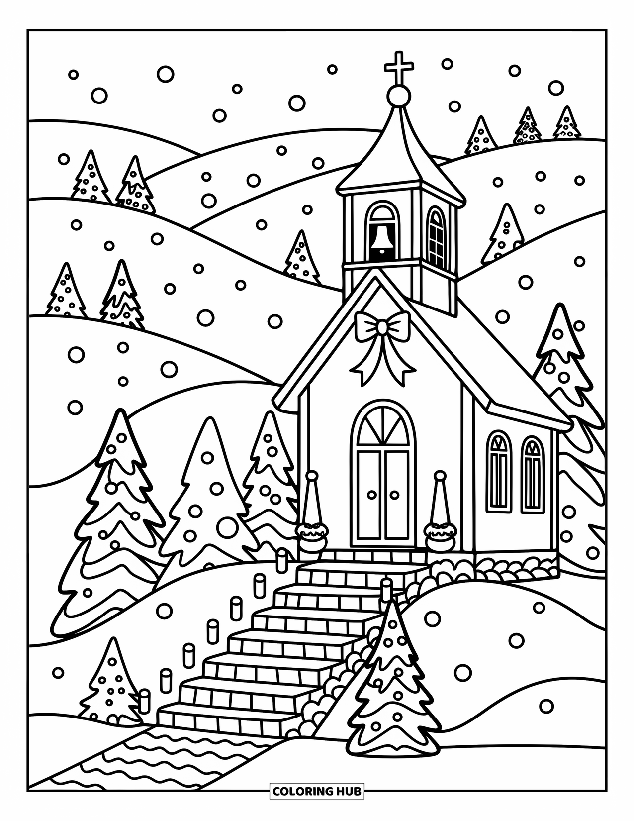 Christmas Village Coloring Page for Adults: A snowy church stands bright with ribbons and glowing candlelight