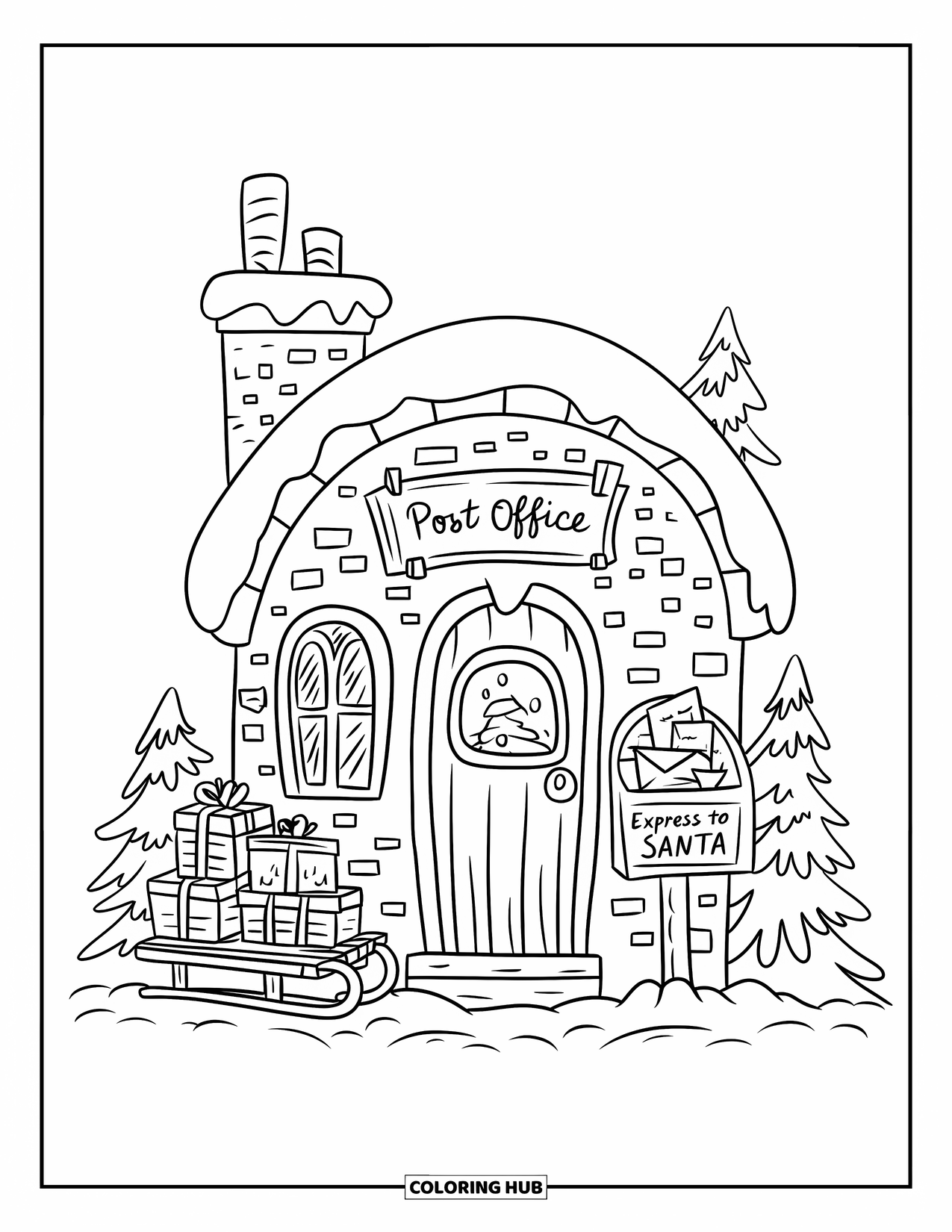 Christmas Village Coloring Page for Adults: A snowy post office welcomes with gifts, sleds, and pine trees