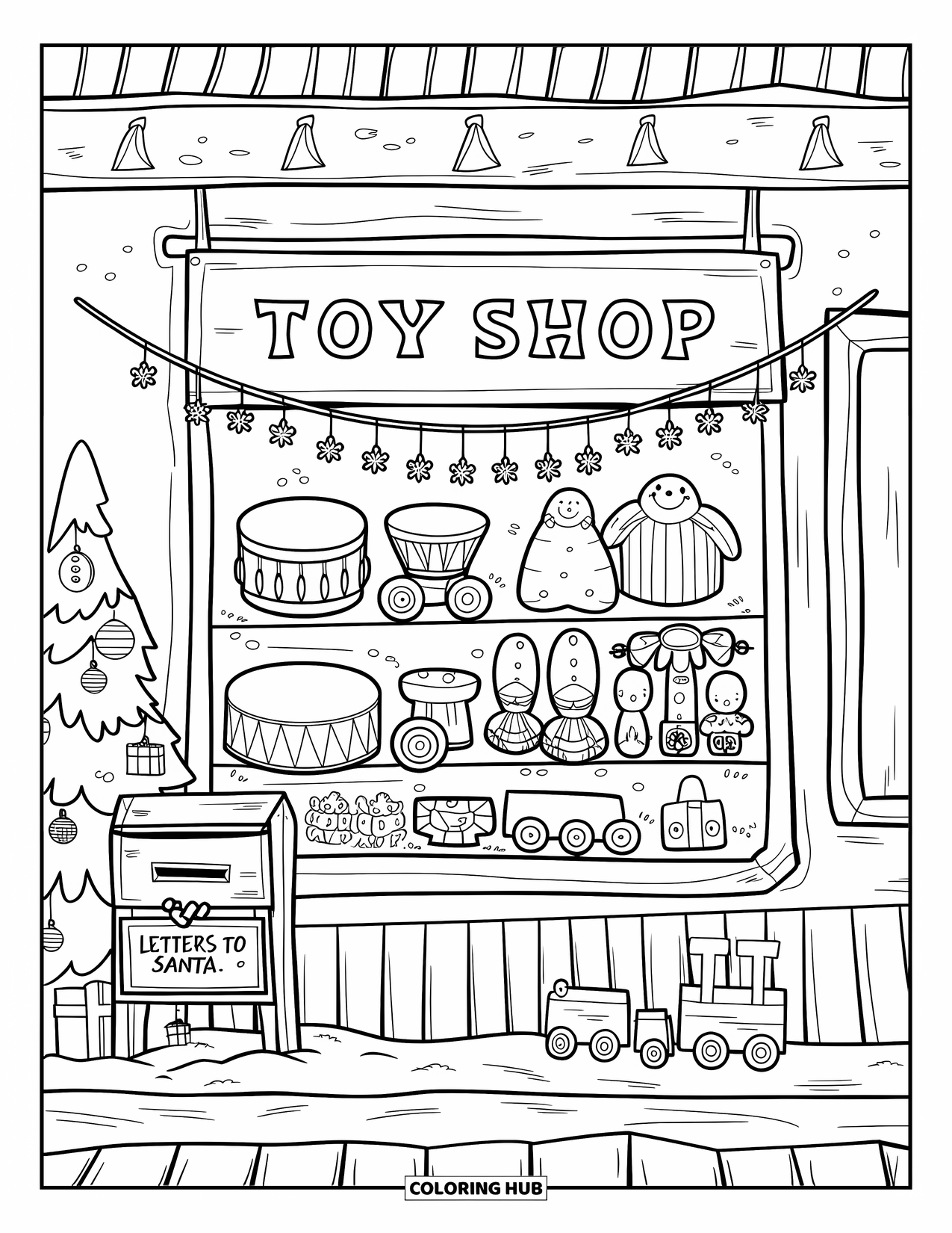 Christmas Village Coloring Page for Adults: A snowy toy shop glows with stars and a ìLetters to Santaî sign
