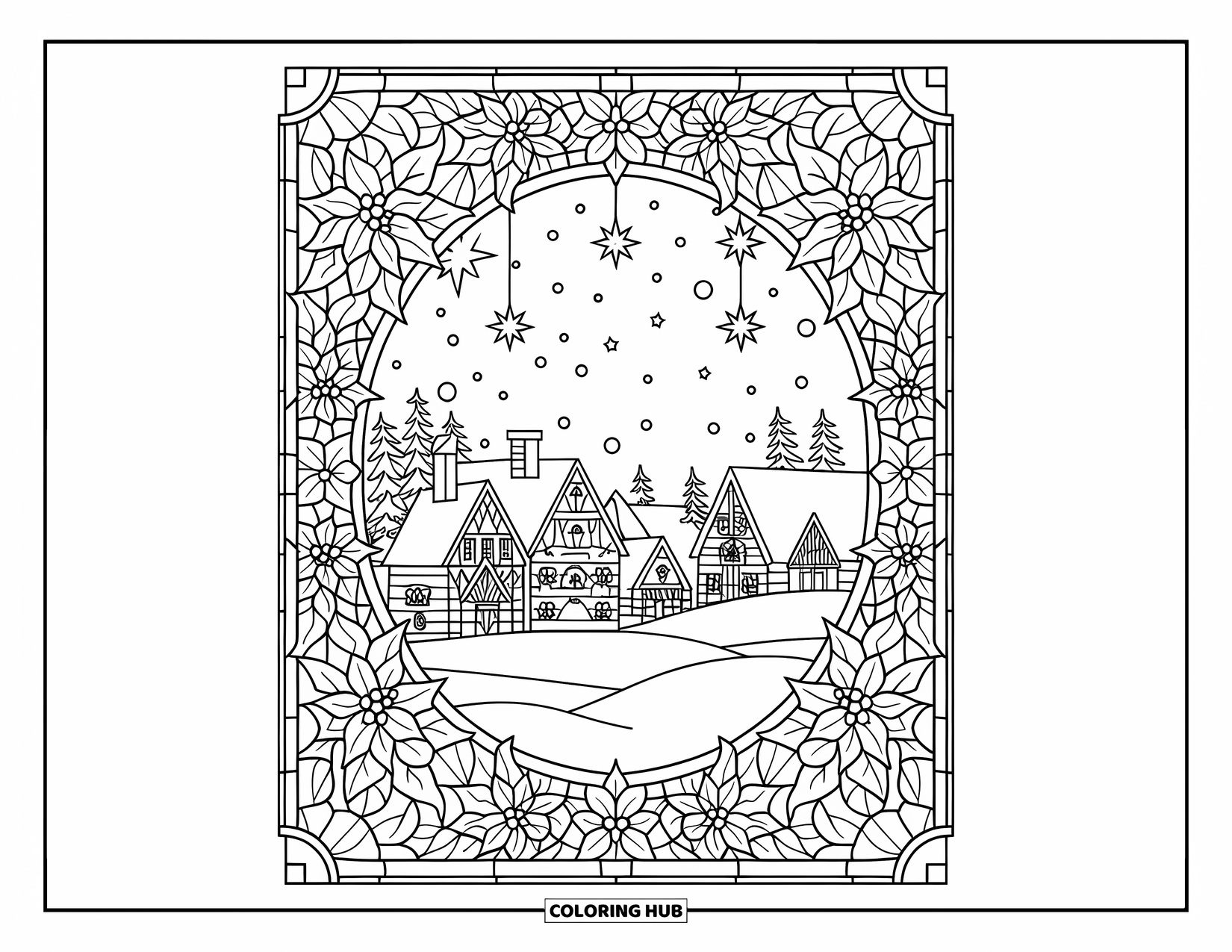Christmas Village Coloring Page for Adults: A snowy village sparkles under a starry sky framed by poinsettias