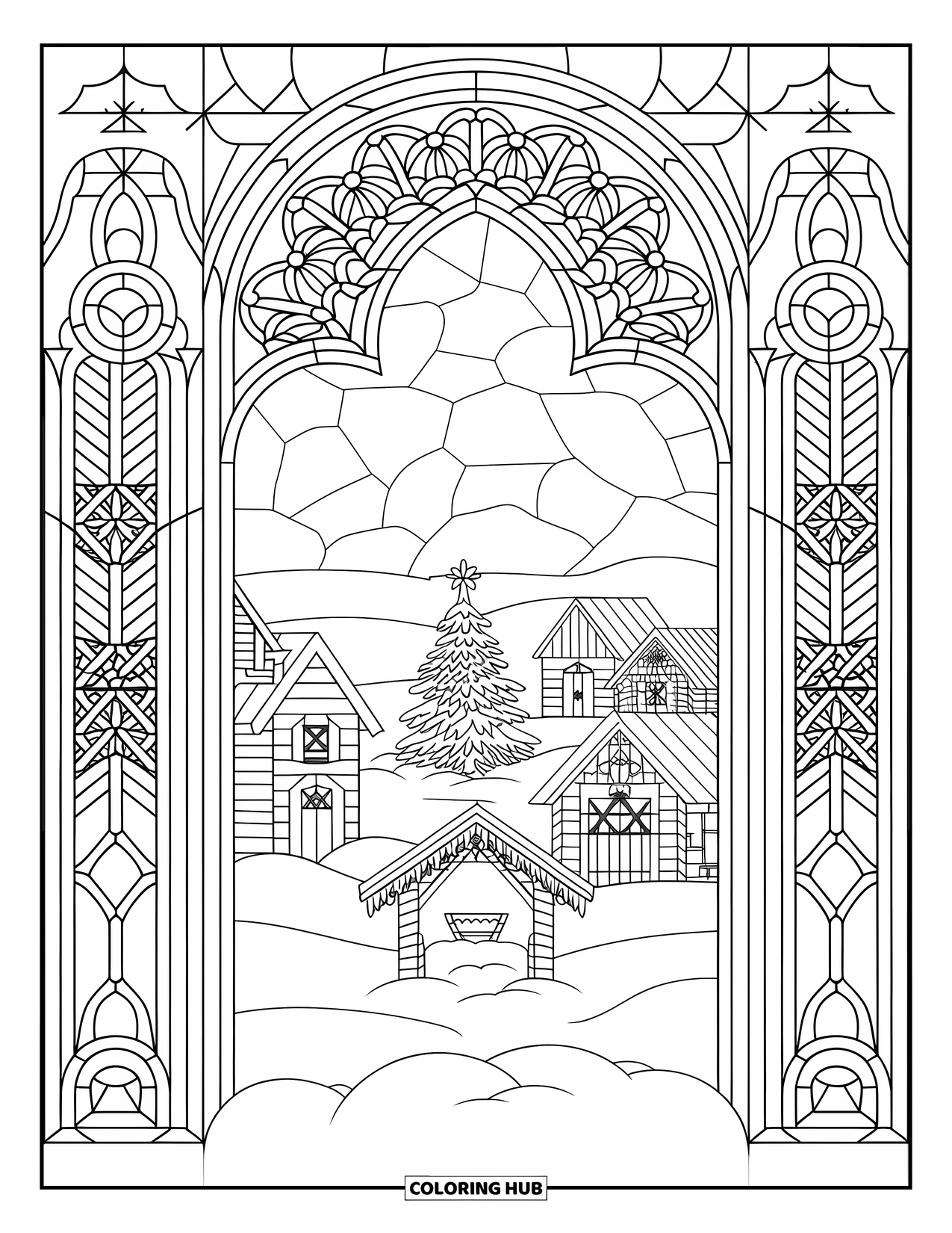 Christmas Village Coloring Page for Adults: A town square glows under snowy arches and stained glass