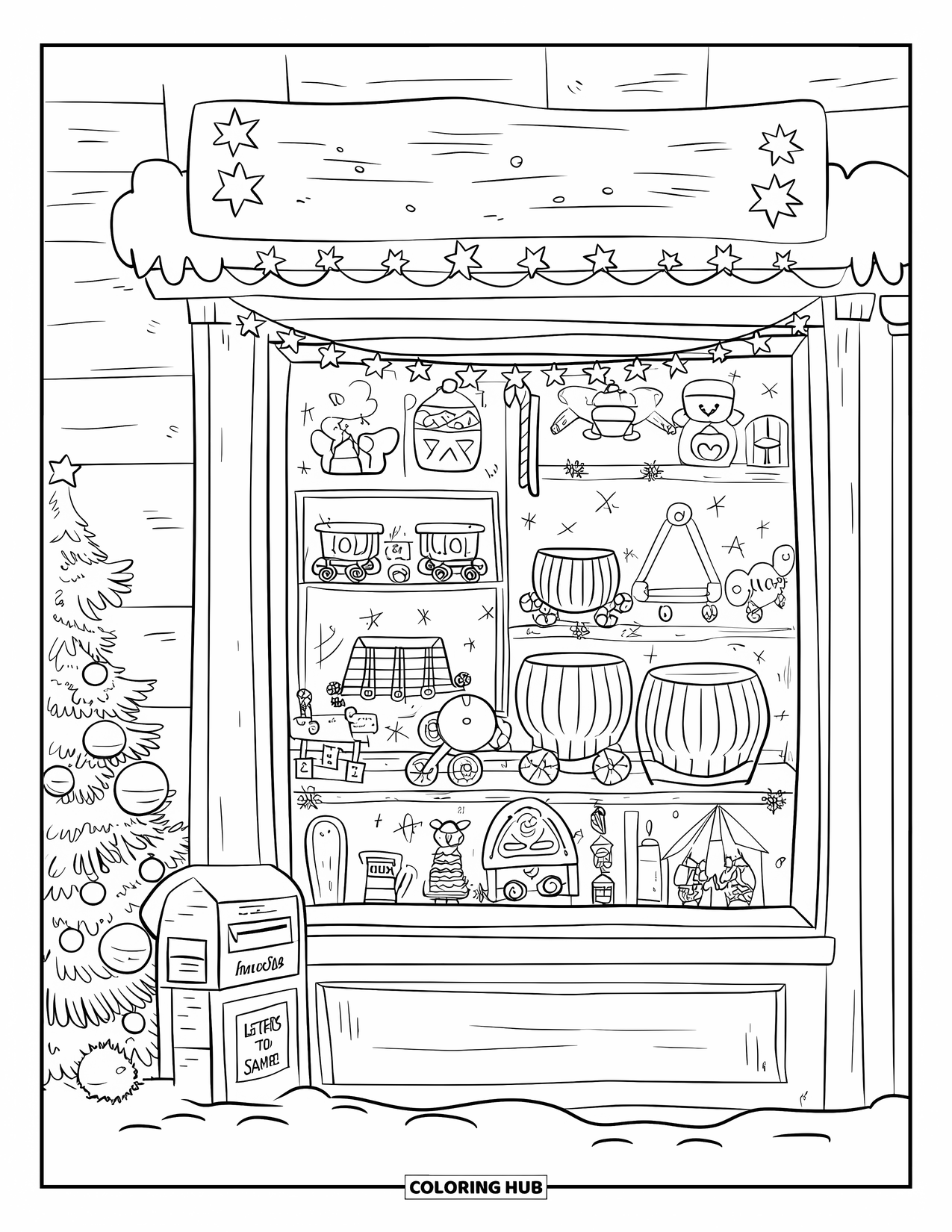 Christmas Village Coloring Page for Adults: A toy shop window sparkles with dolls, trains, and plush toys