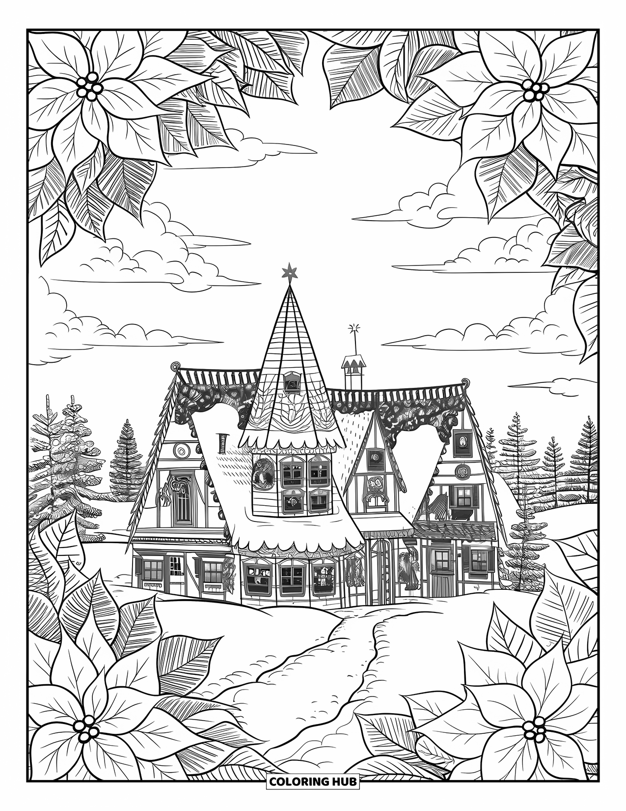 Christmas Village Coloring Page for Adults: A Victorian village sparkles within poinsettia mandala borders