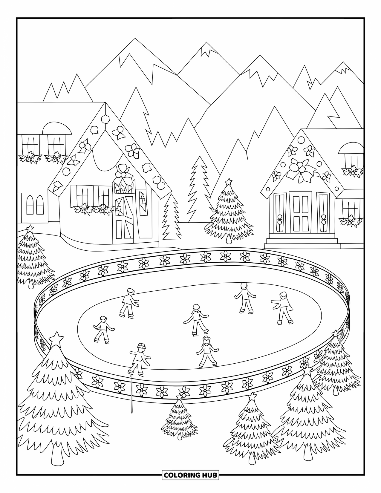 Christmas Village Coloring Page for Adults: An ice rink sparkles among mountains and Christmas trees