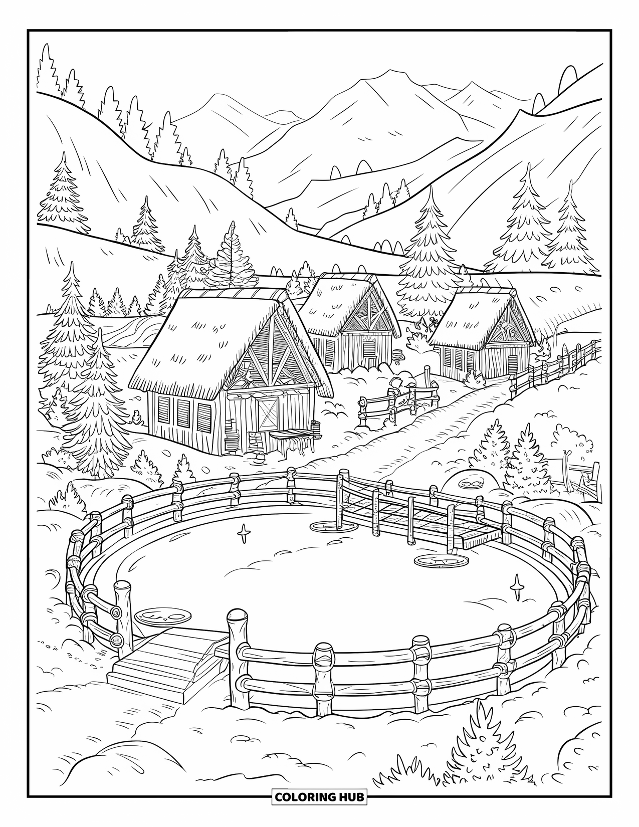 Christmas Village Coloring Page for Adults: An old bridge crosses a snowy pond surrounded by huts and trees