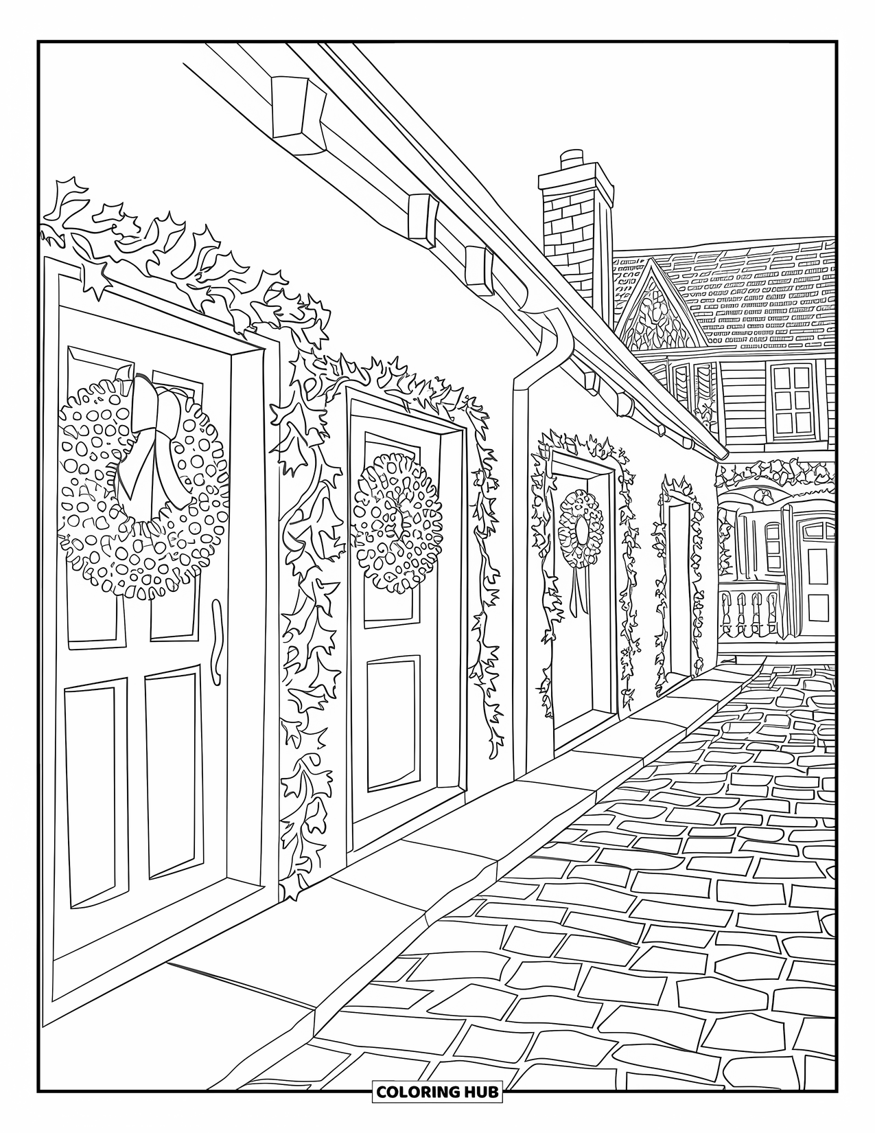 Christmas Village Coloring Page for Adults: Cobblestone streets and wreaths decorate a peaceful Christmas lane