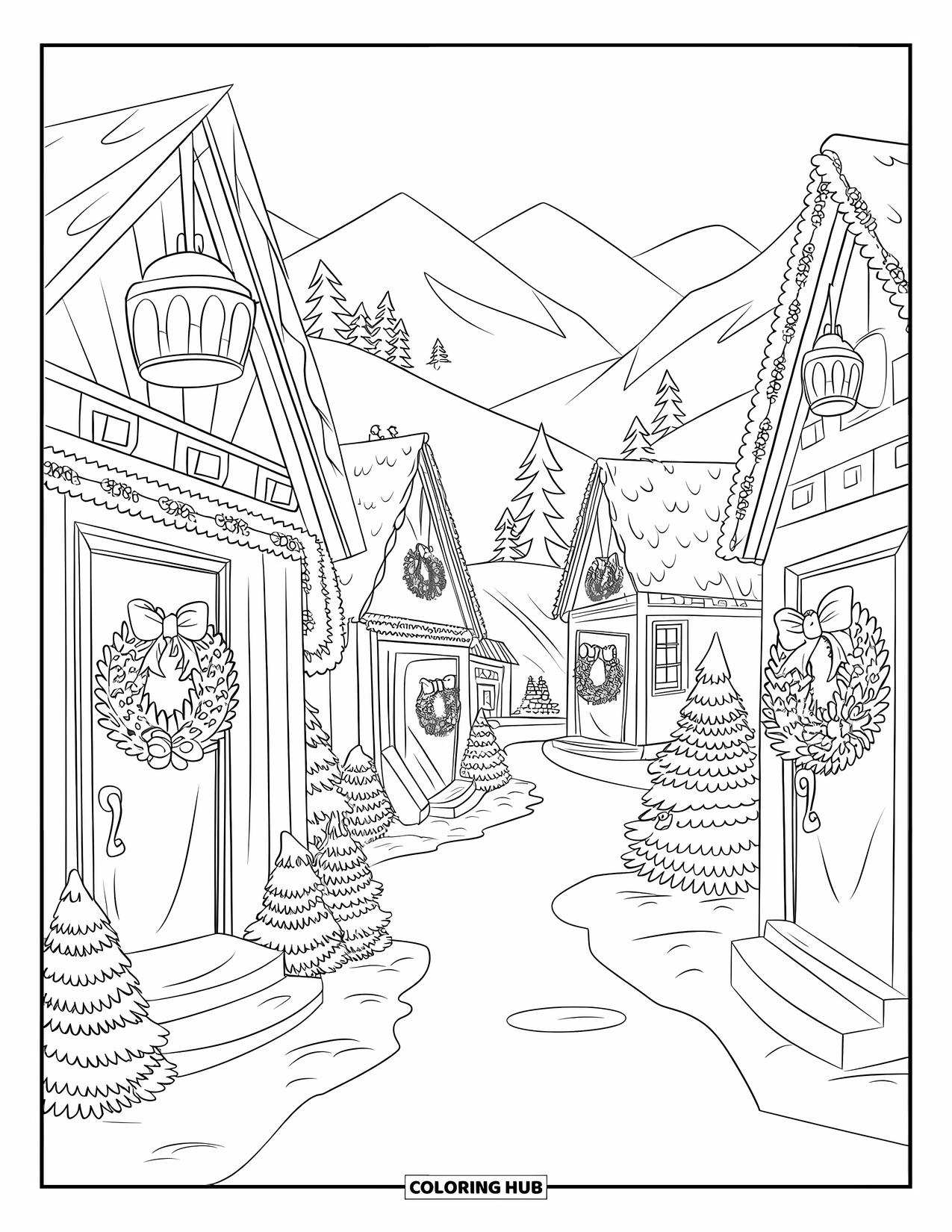 Christmas Village Coloring Page for Adults: Lanterns and wreaths light a narrow snowy village street