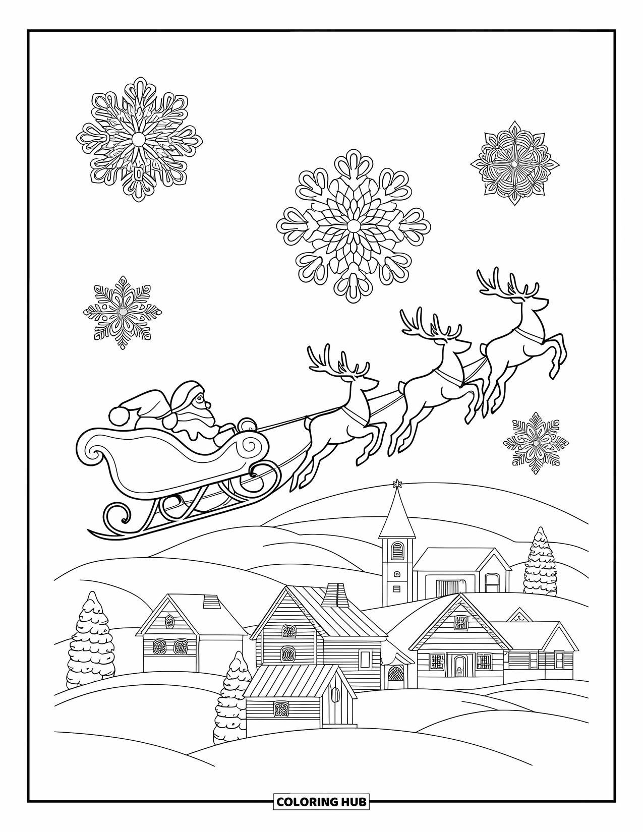 Christmas Village Coloring Page for Adults: Reindeer lead Santa's sleigh across a swirling winter sky