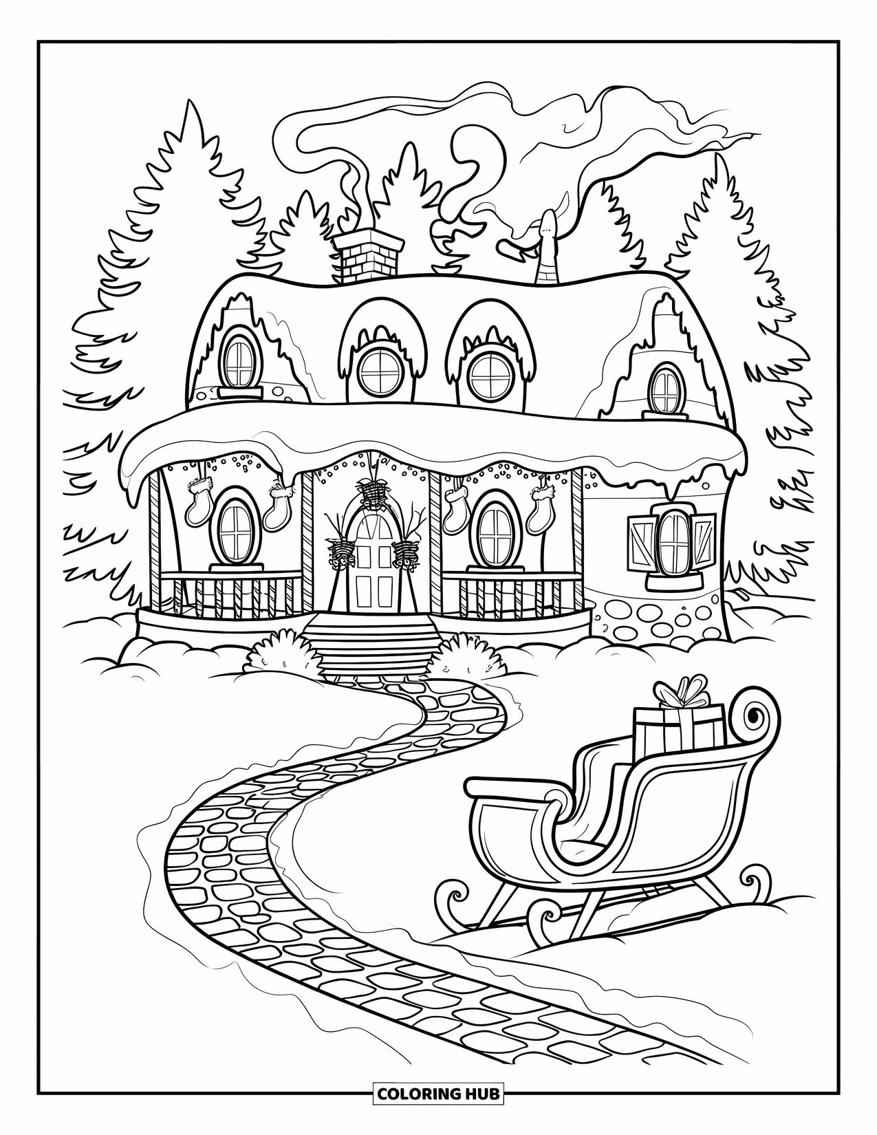 Christmas Village Coloring Page for Adults: Santaís cottage glows in a snowy forest beside a gift-filled sleigh
