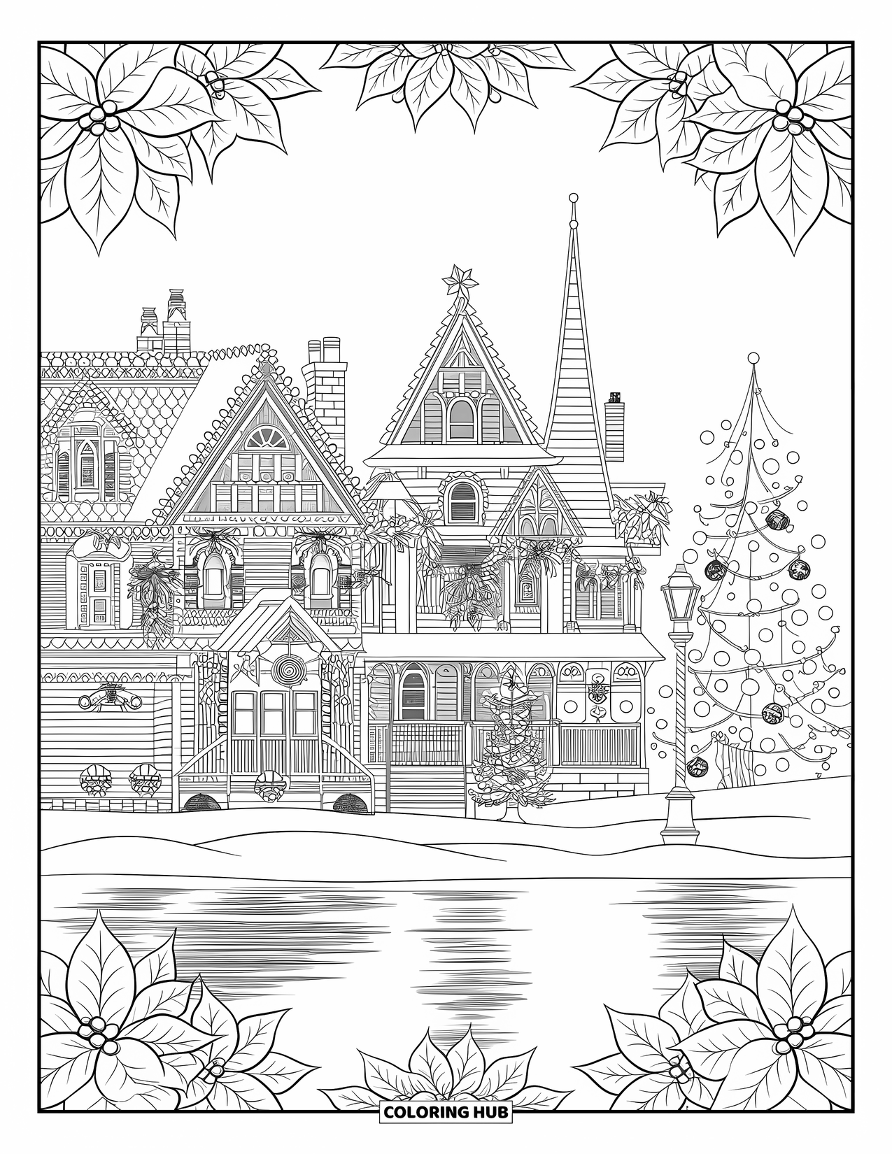 Christmas Village Coloring Page for Adults: Snowy rooftops and reflections shimmer in a Victorian Christmas village