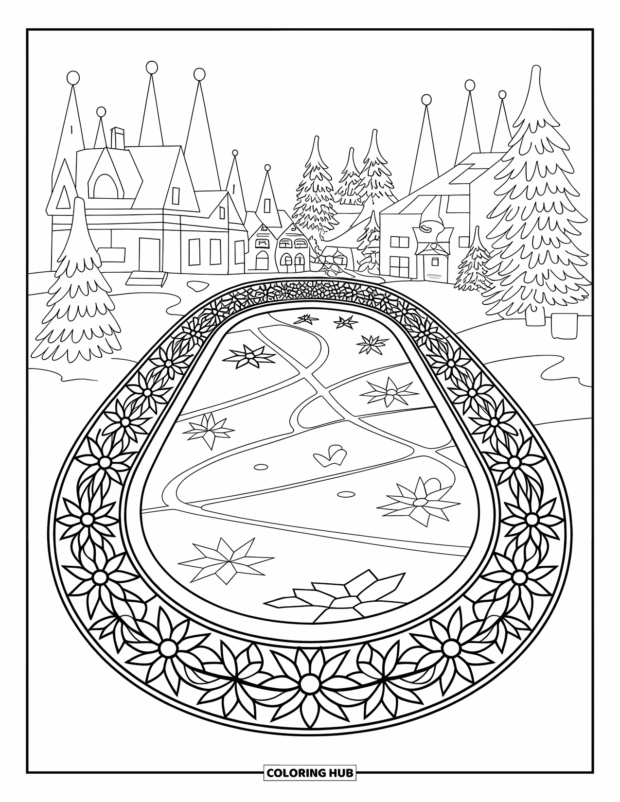 Christmas Village Coloring Page for Adults: Villagers skate joyfully on a pond with floral stained glass edges