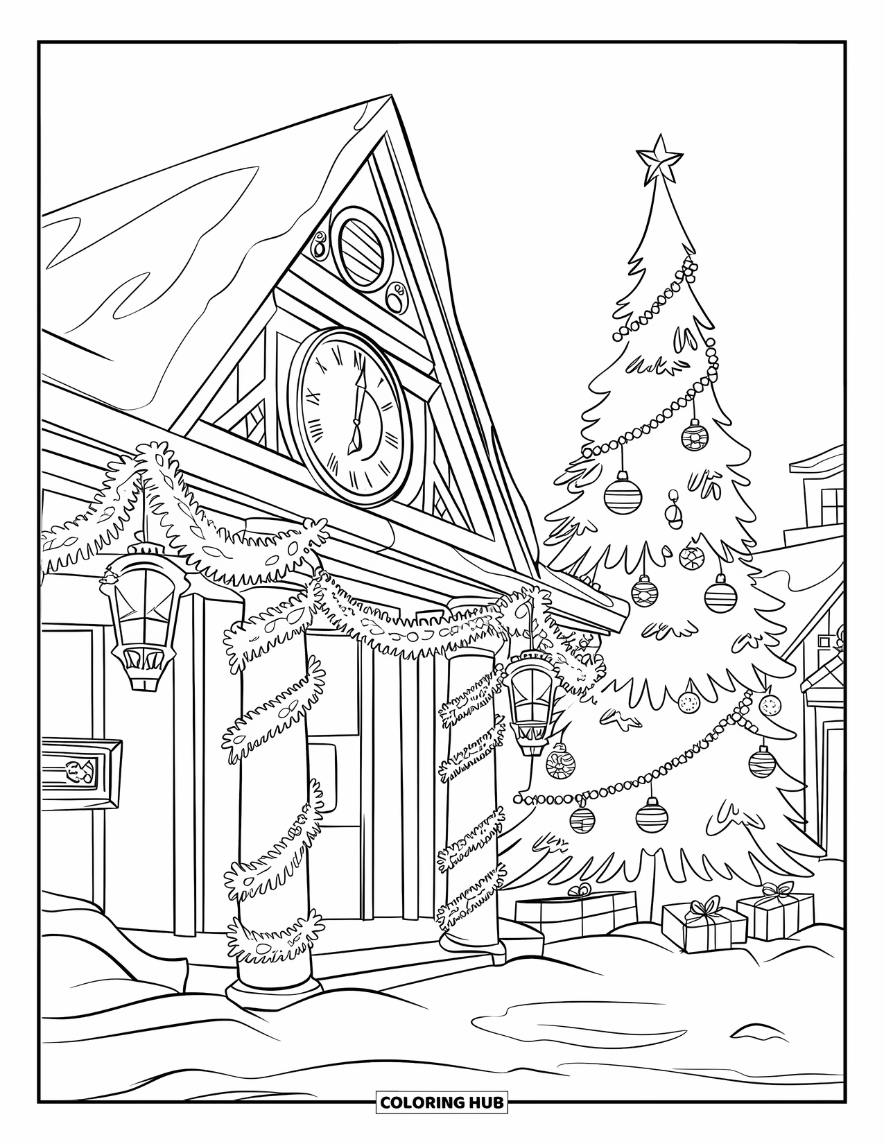 Christmas Village Coloring Page for Kids: A bright Christmas tree stands beside the snowy town hall