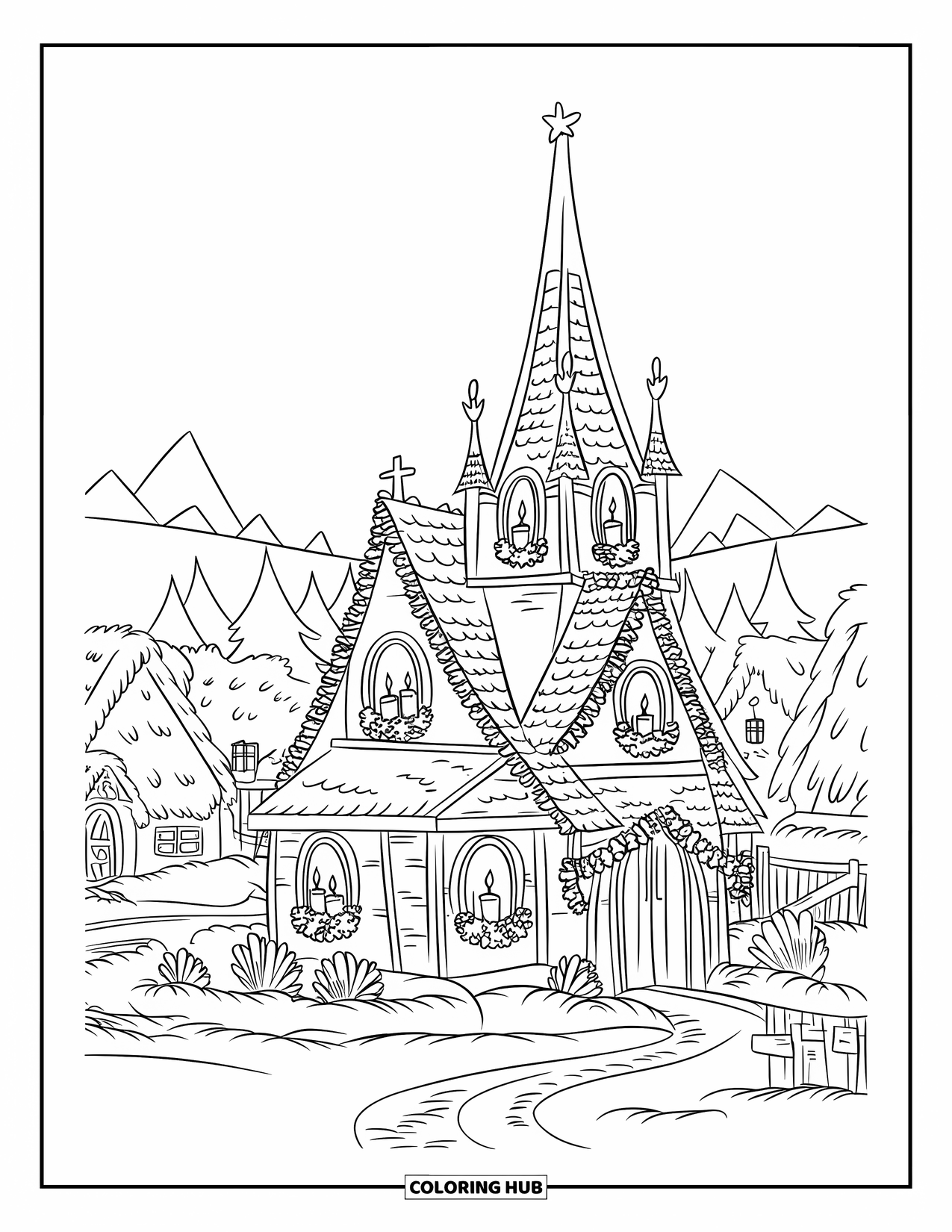 Christmas Village Coloring Page for Kids: A candlelit church with garlands brightens the winter night