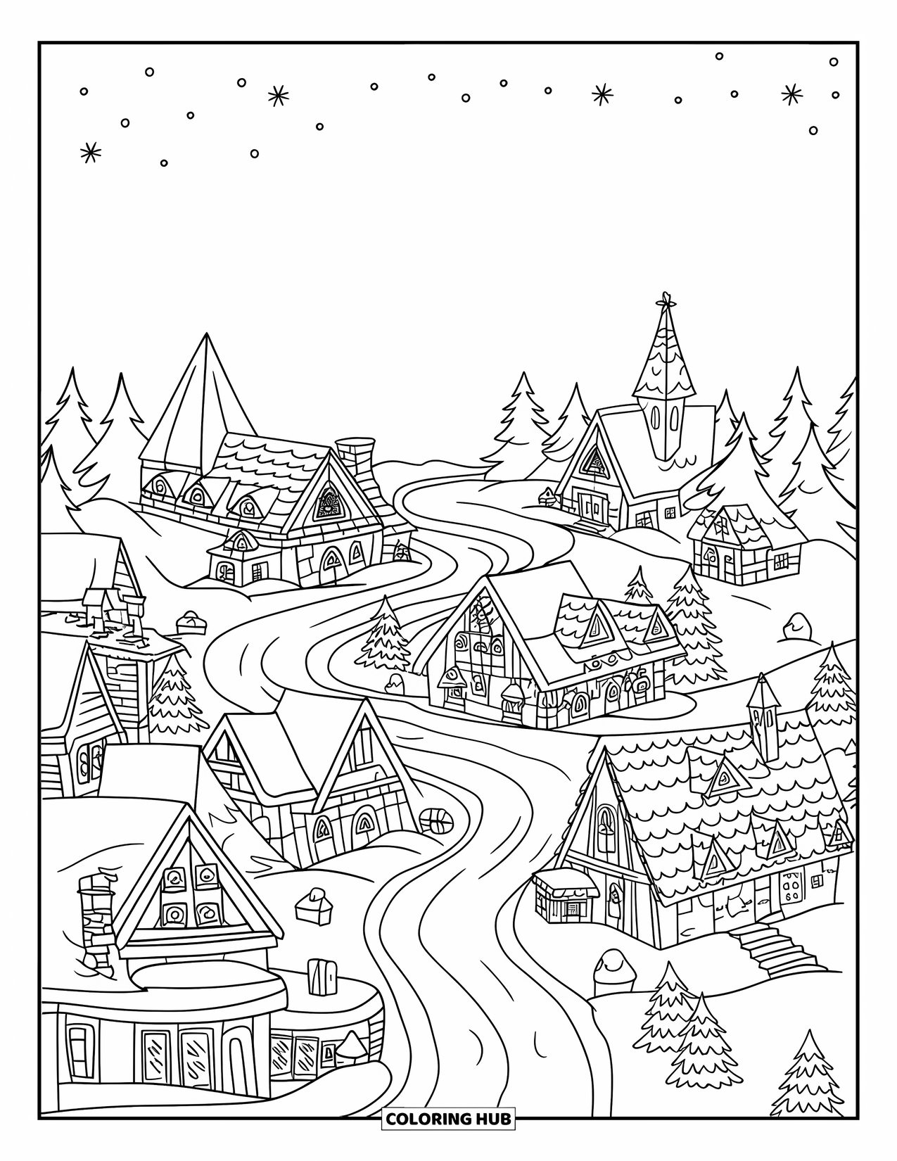 Christmas Village Coloring Page for Kids: A charming Christmas village nestles between snowy peaks