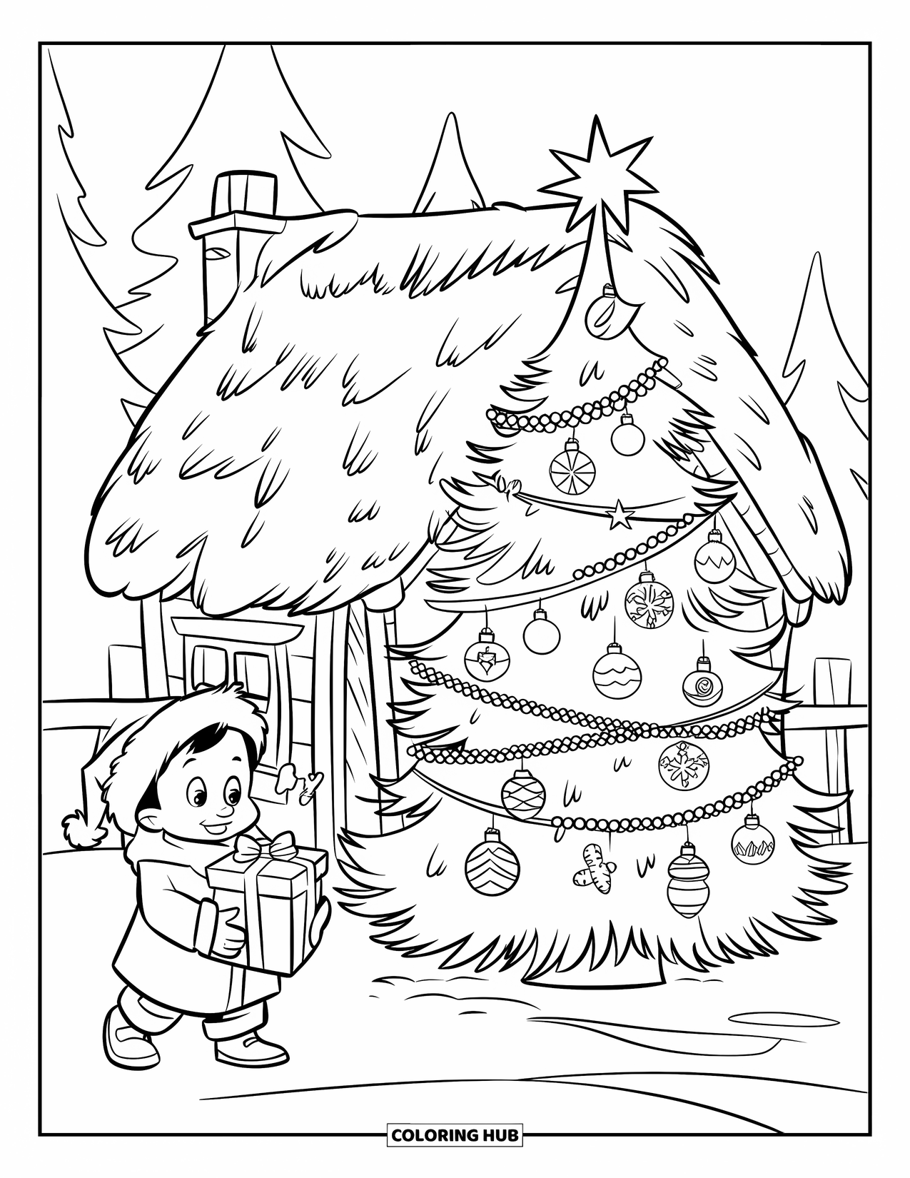 Christmas Village Coloring Page for Kids: A child carries a present beside a festive village home