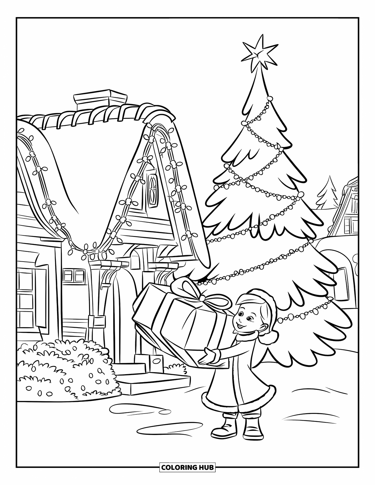Christmas Village Coloring Page for Kids: A child stands proudly with a big gift beside a snowy house