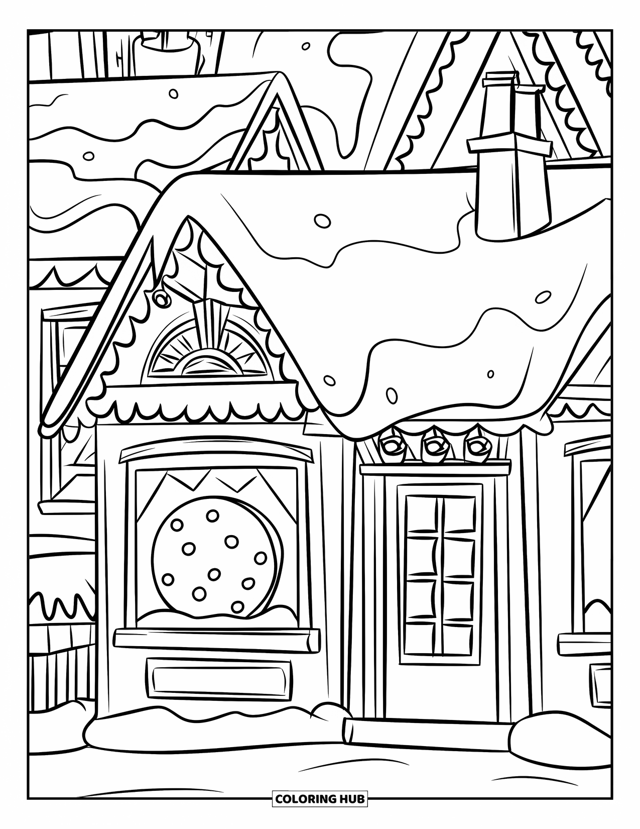 Christmas Village Coloring Page for Kids: A cozy bakery with a cookie display brightens the snowy street