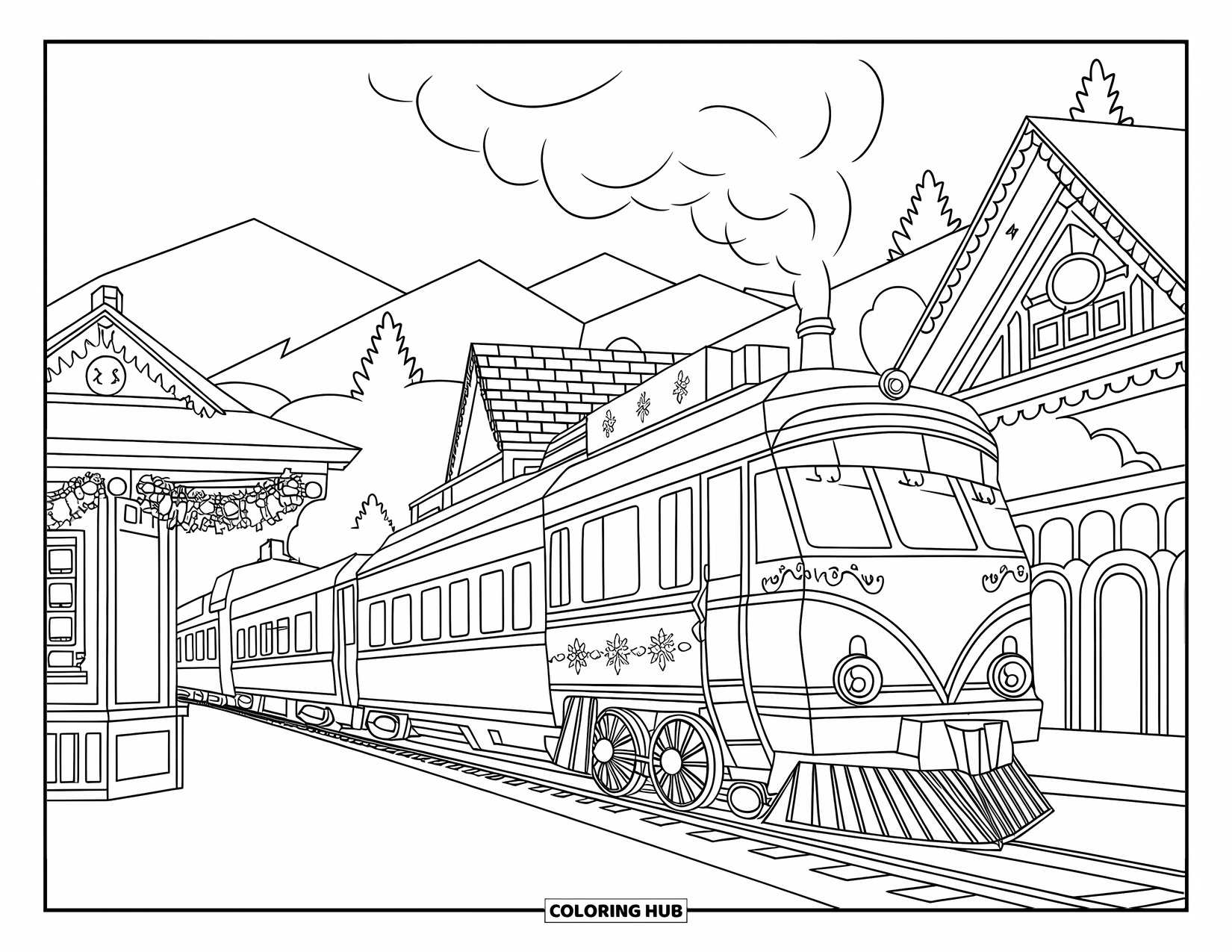 Christmas Village Coloring Page for Kids: A decorated train steams into a snowy Christmas station