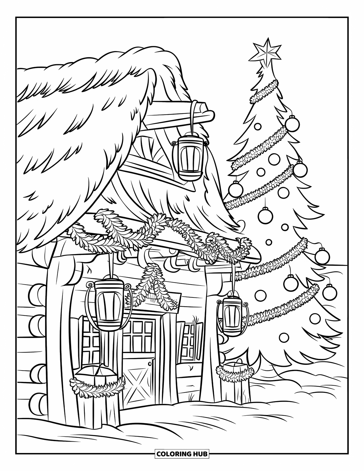Christmas Village Coloring Page for Kids: A festive town hall shines with garlands and lanterns