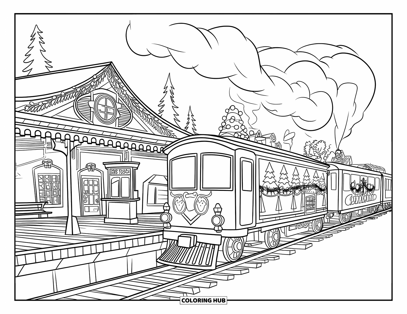Christmas Village Coloring Page for Kids: A festive train arrives at the village station in winter