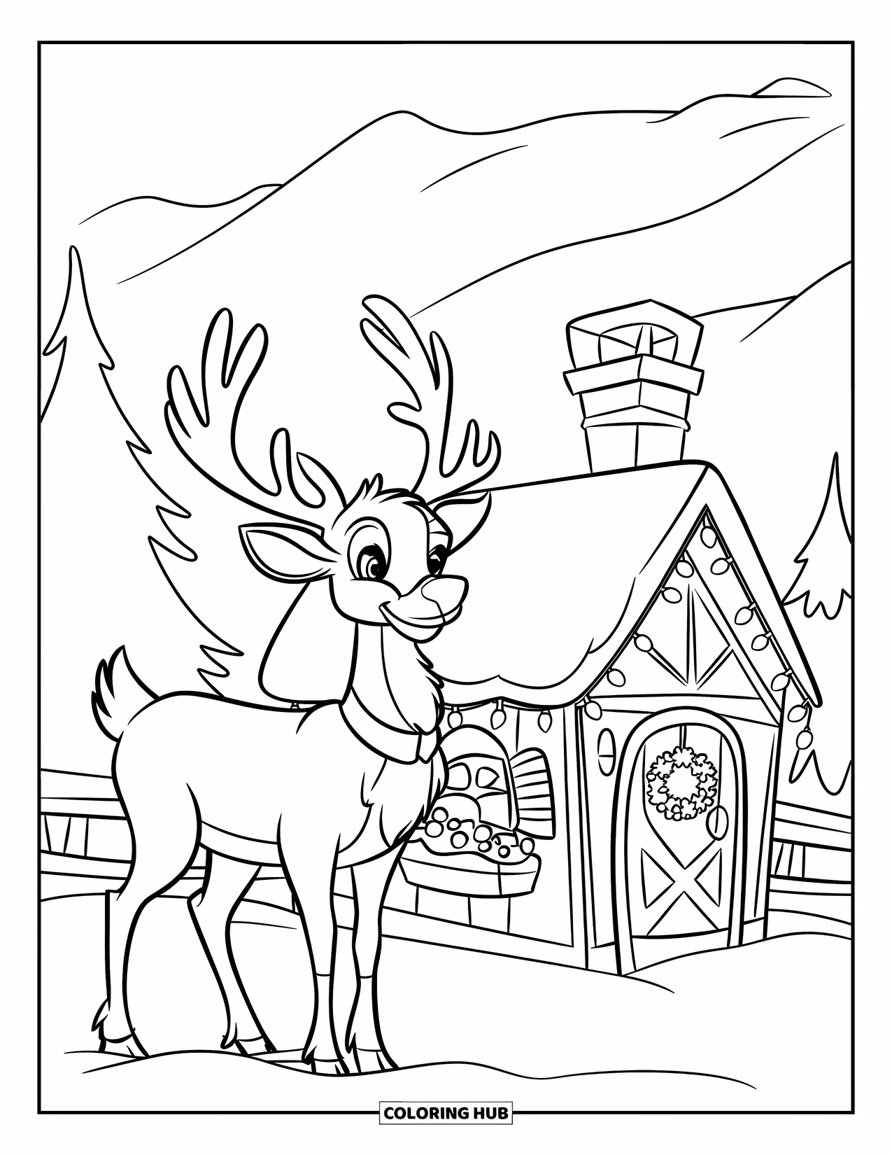 Christmas Village Coloring Page for Kids: A gentle reindeer stands near a decorated house in winter