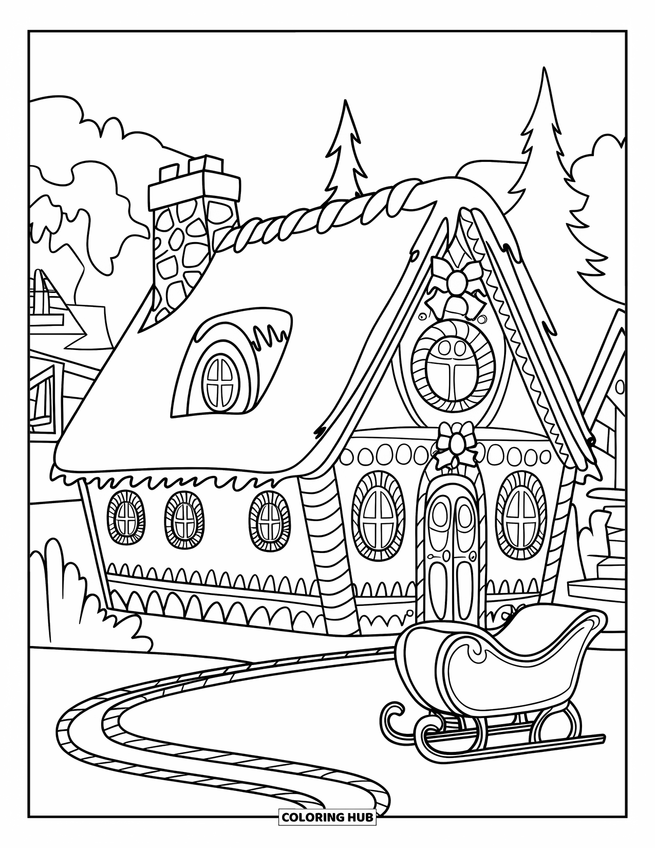 Christmas Village Coloring Page for Kids: A gingerbread house stands amid candy canes and snow
