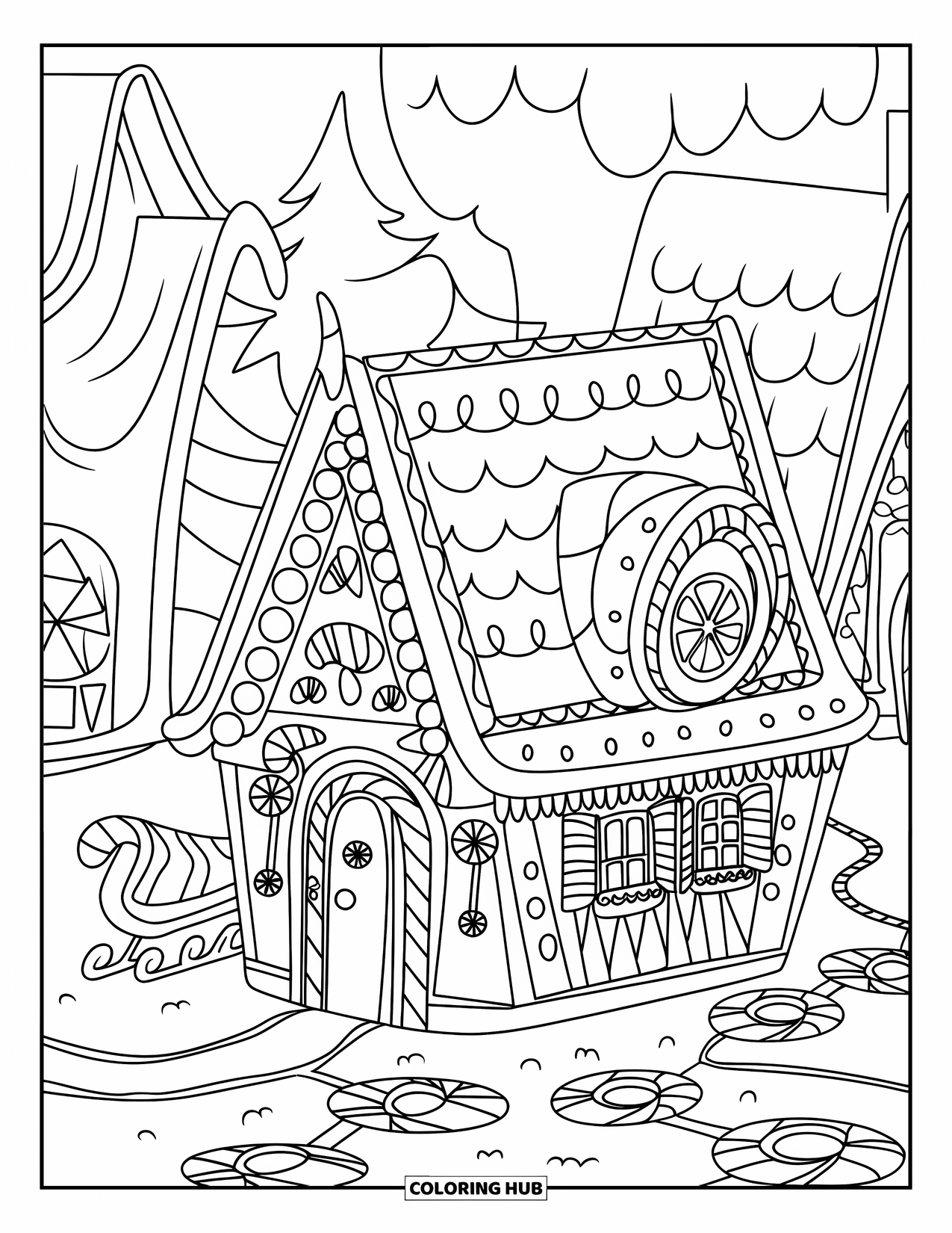 Christmas Village Coloring Page for Kids: A gingerbread-style cottage glimmers with candy paths