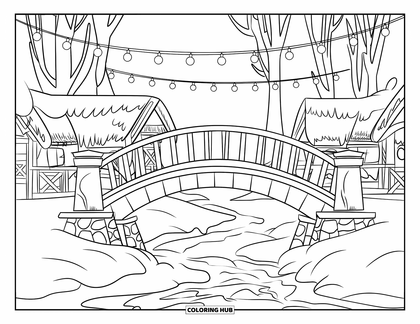Christmas Village Coloring Page for Kids: A glowing bridge spans a frozen river in a snowy village