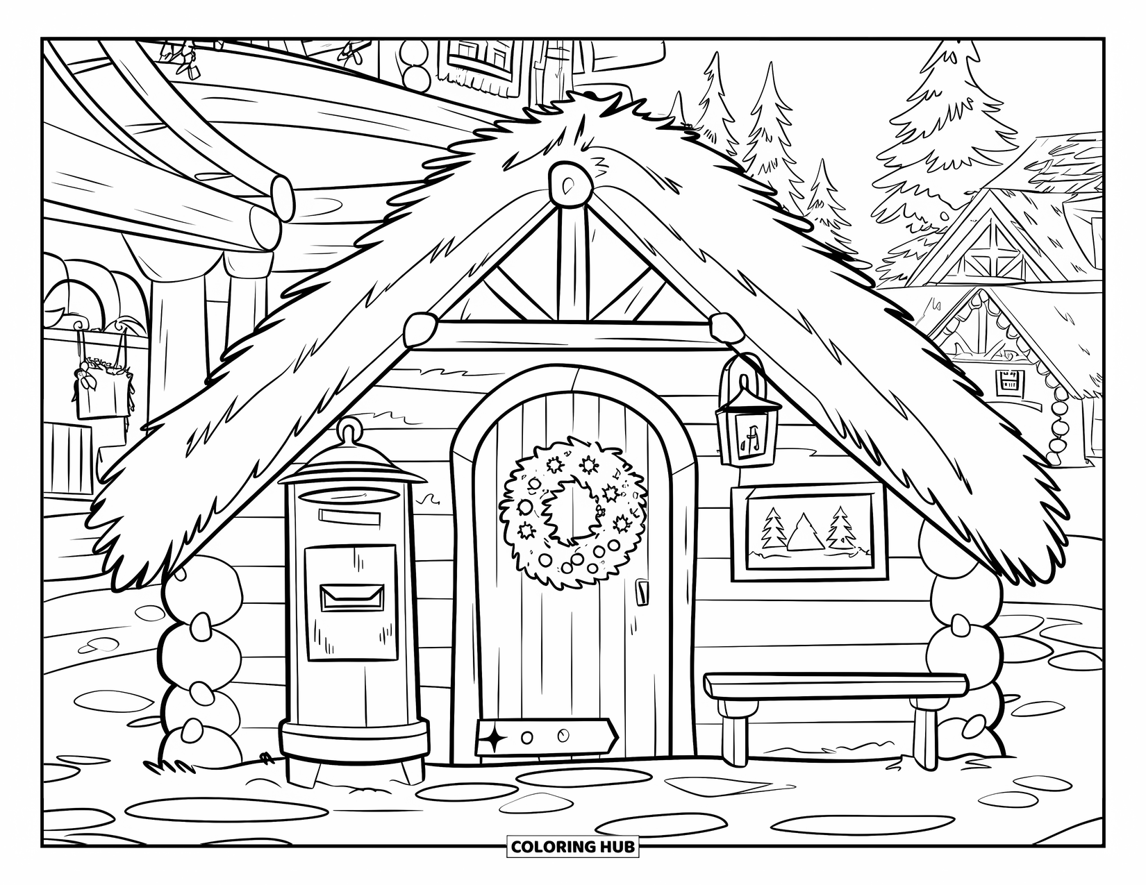 Christmas Village Coloring Page for Kids: A log post office glows beside trees and lanterns